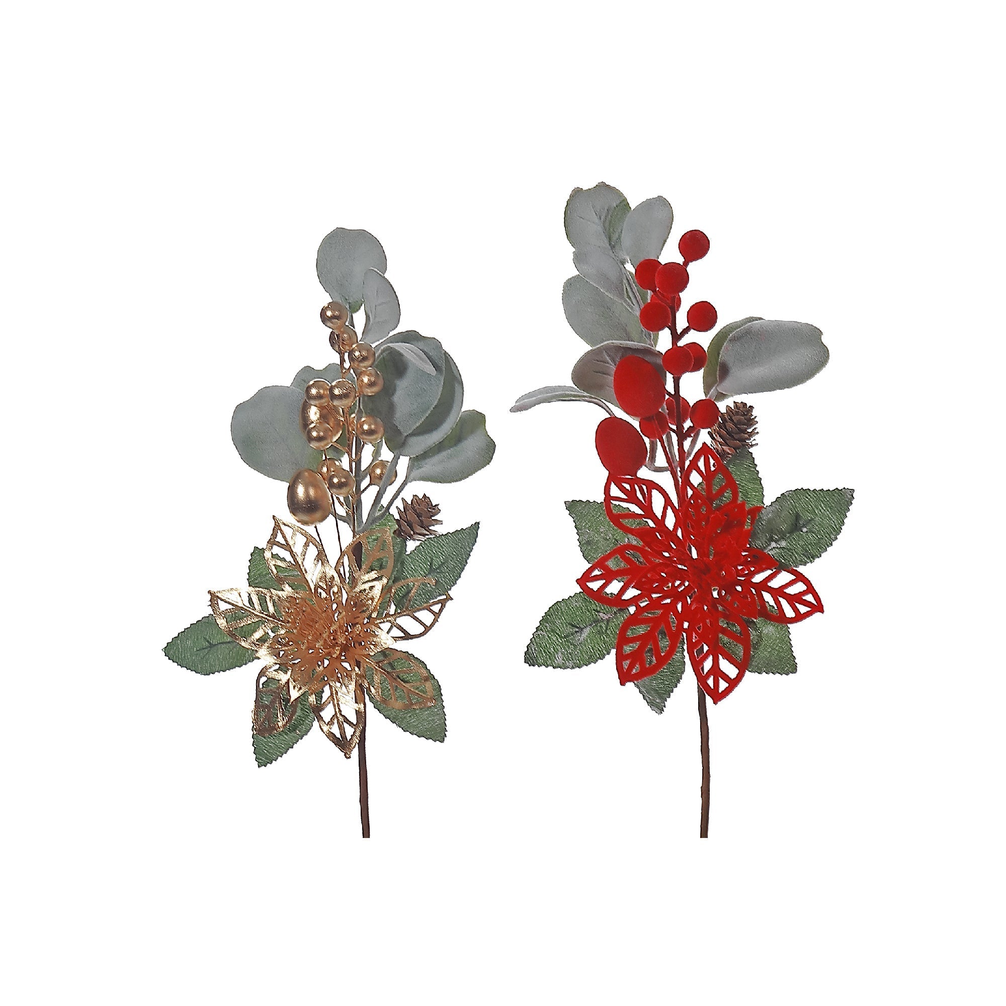 Cutout Poinsettia And Berry Spray Set of 6, Christmas Floral Spray, Holiday Poinsettia Decor