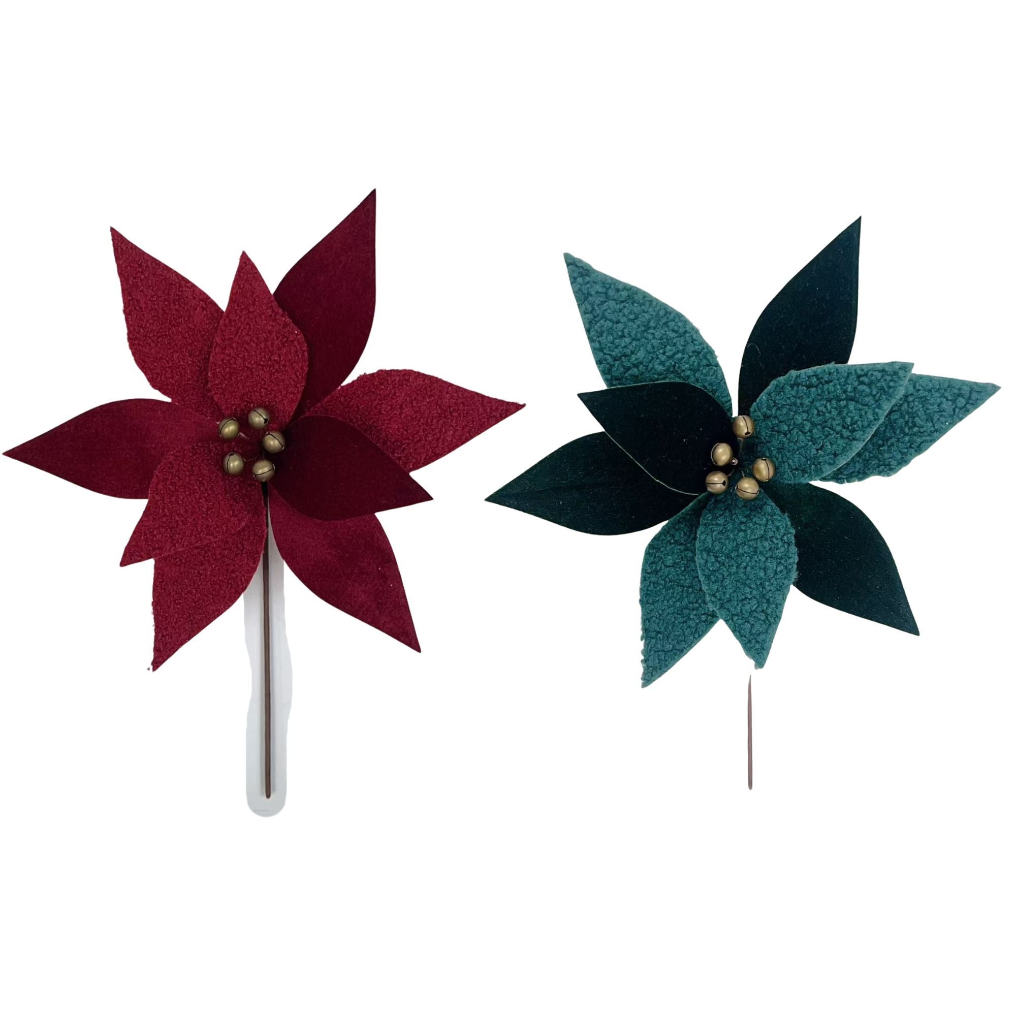 Assorted Sherpa Poinsettia Decorative Pick - Set of 12, Holiday Floral Decor, Christmas Centerpiece, Festive Arrangement