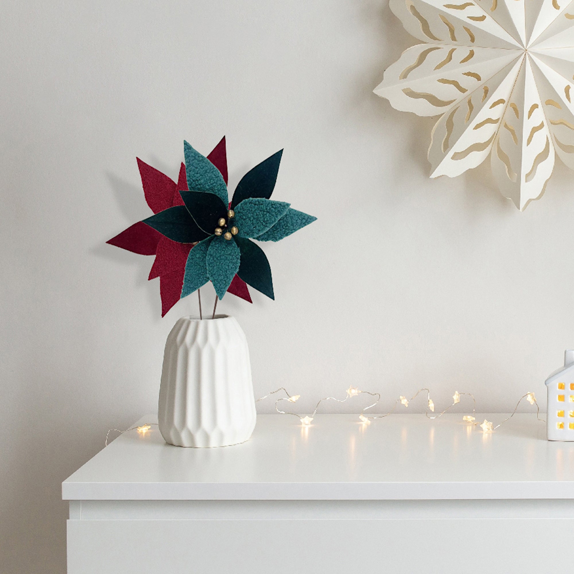 Assorted Sherpa Poinsettia Decorative Pick - Set of 12, Holiday Floral Decor, Christmas Centerpiece, Festive Arrangement