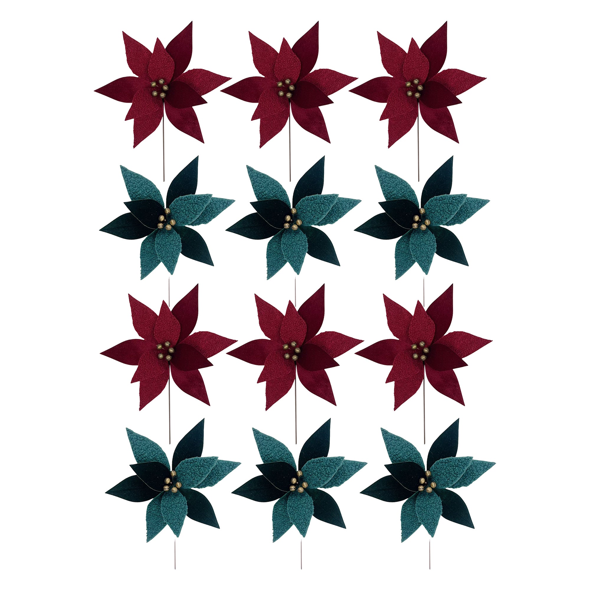 Assorted Sherpa Poinsettia Decorative Pick - Set of 12, Holiday Floral Decor, Christmas Centerpiece, Festive Arrangement