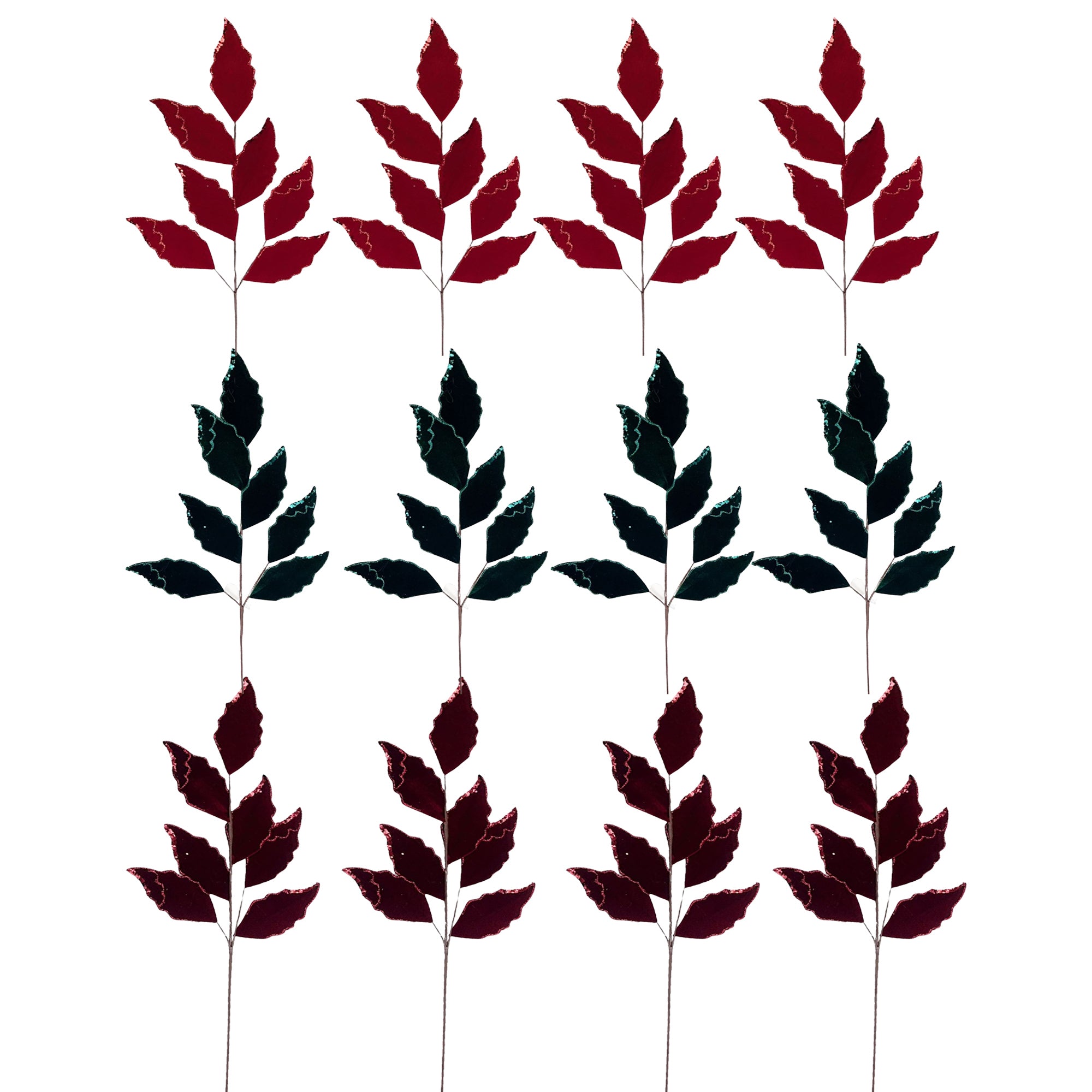 Assorted Glitter Felt Leaves Decorative Pick - Set of 12, Christmas Holiday Decor, Festive Floral Accent