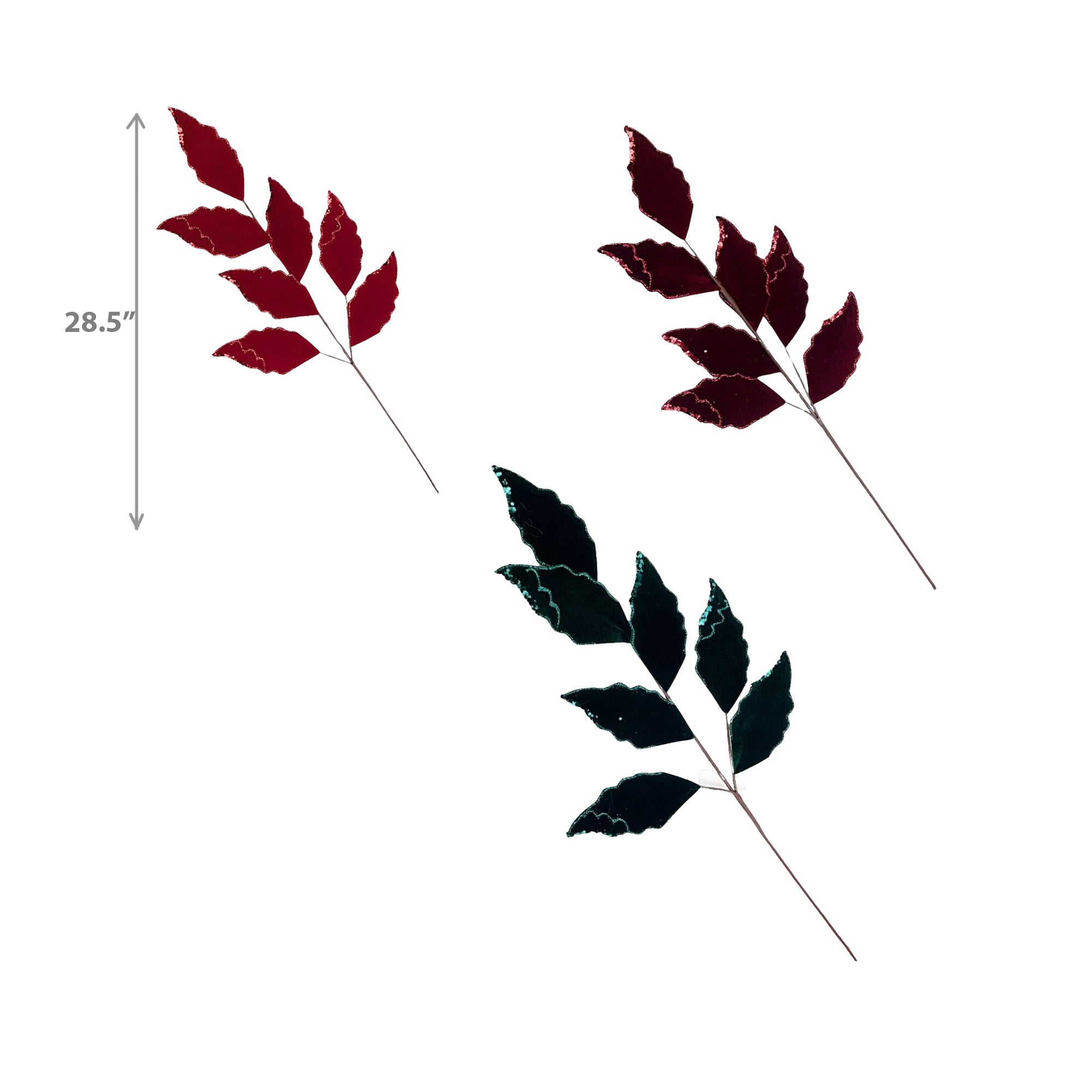 Assorted Glitter Felt Leaves Decorative Pick - Set of 12, Christmas Holiday Decor, Festive Floral Accent