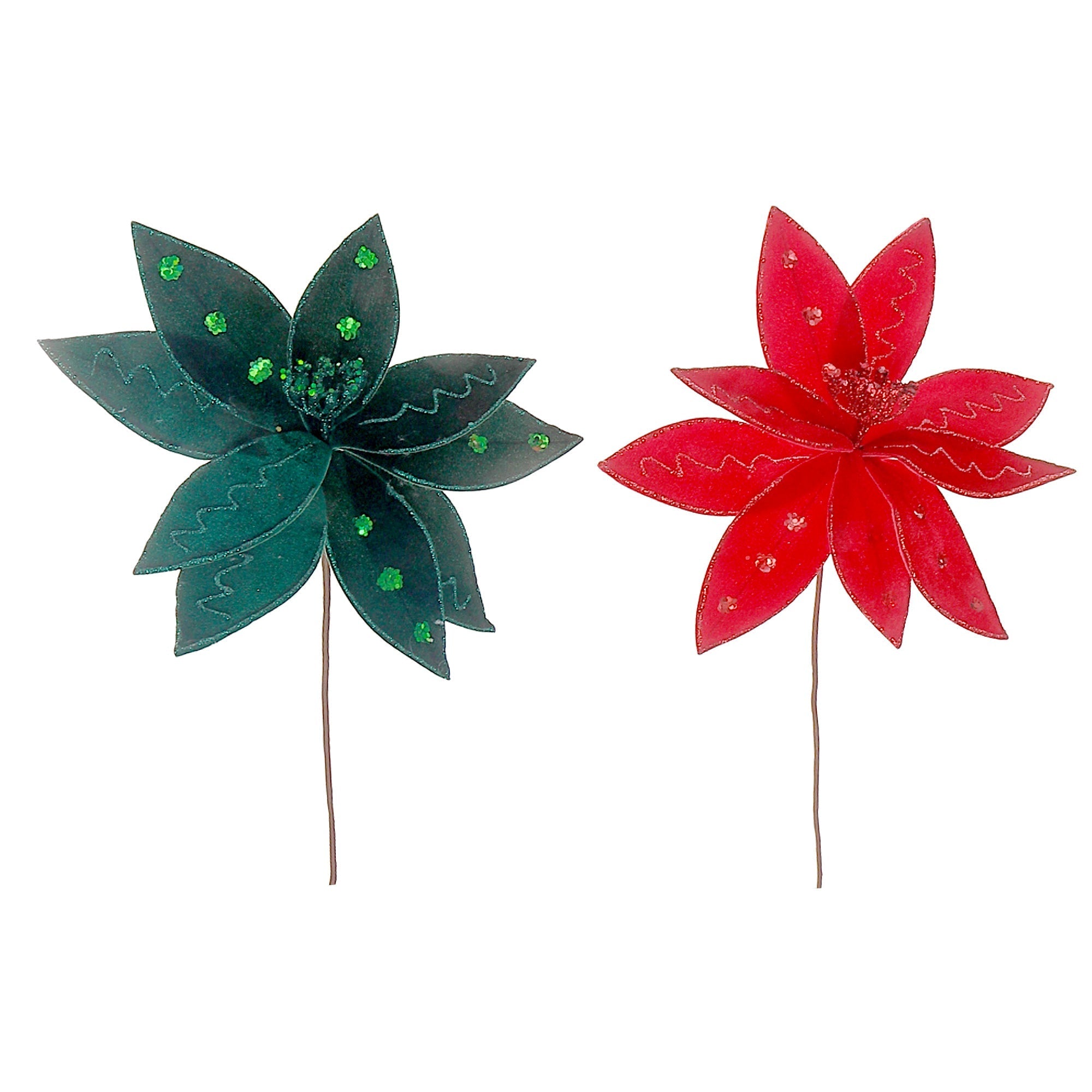 Assorted Glitter Felt Poinsettia Decorative Pick - Set of 12, Christmas Holiday Decor, Festive Floral Arrangement