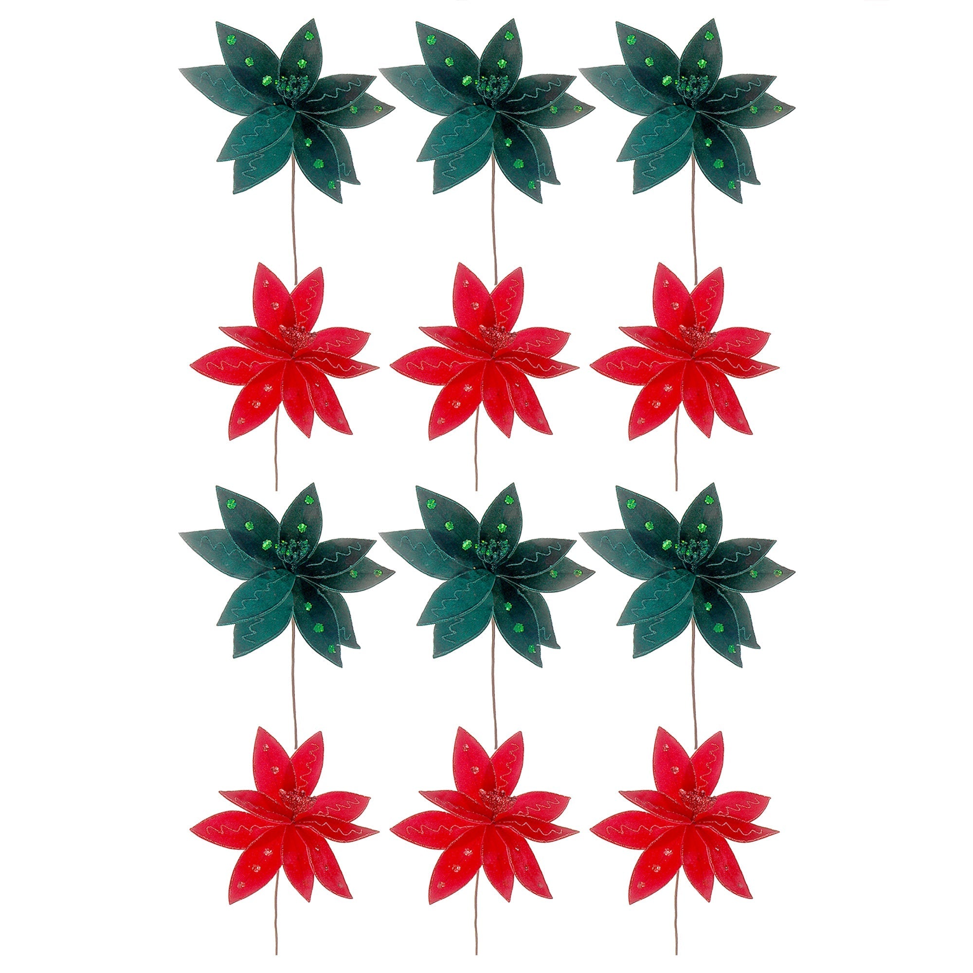 Assorted Glitter Felt Poinsettia Decorative Pick - Set of 12, Christmas Holiday Decor, Festive Floral Arrangement