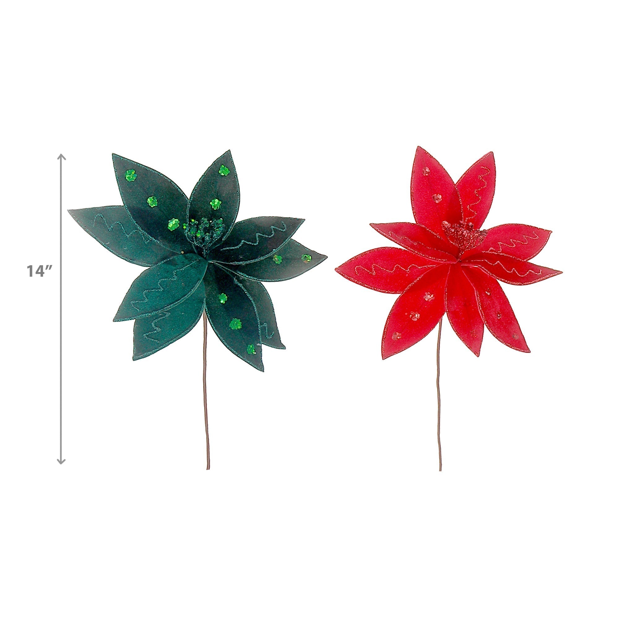 Assorted Glitter Felt Poinsettia Decorative Pick - Set of 12, Christmas Holiday Decor, Festive Floral Arrangement