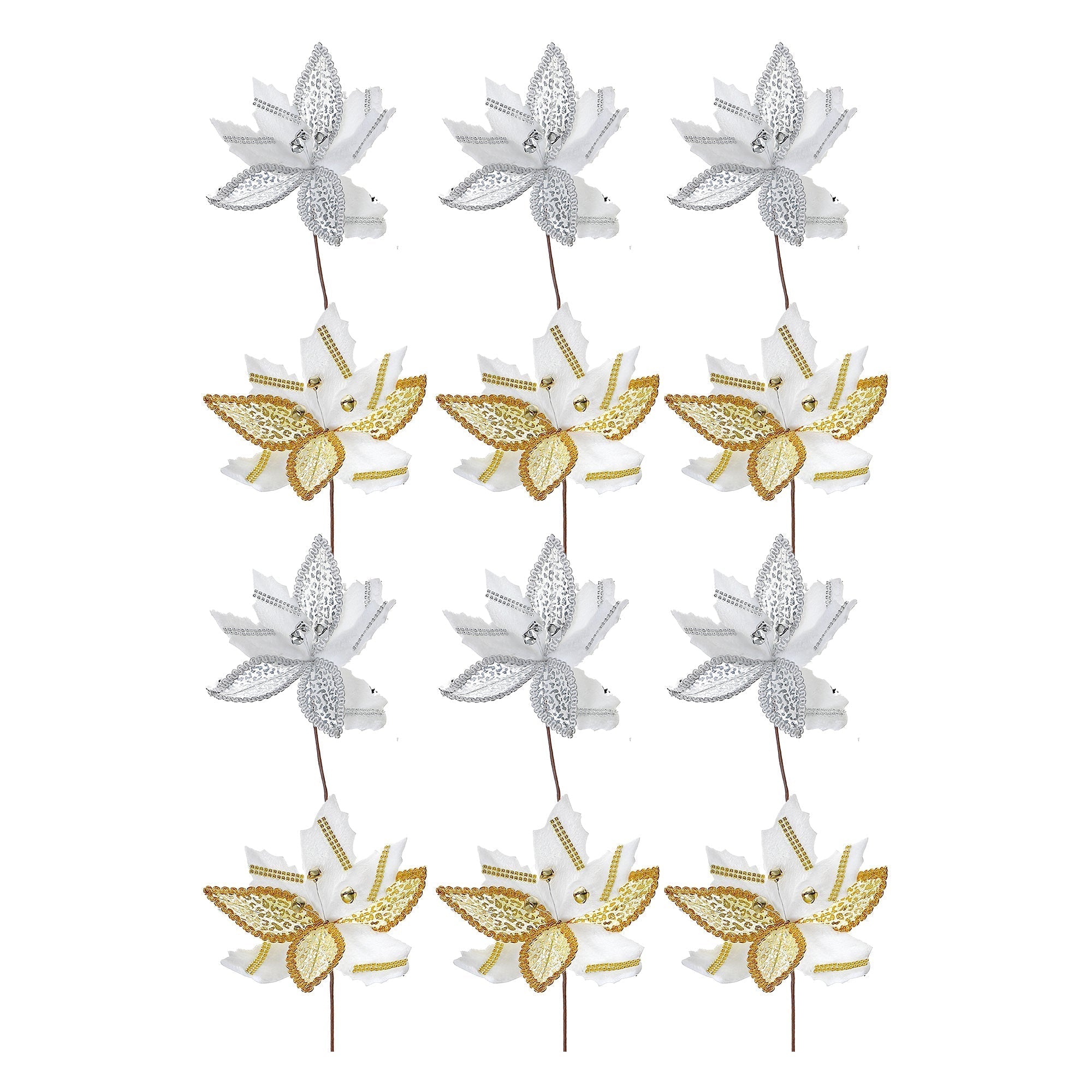 Assorted Rhinestone Poinsettia Decorative Pick - Set of 12, Christmas Holiday Decor, Festive Centerpiece, Sparkling Accent