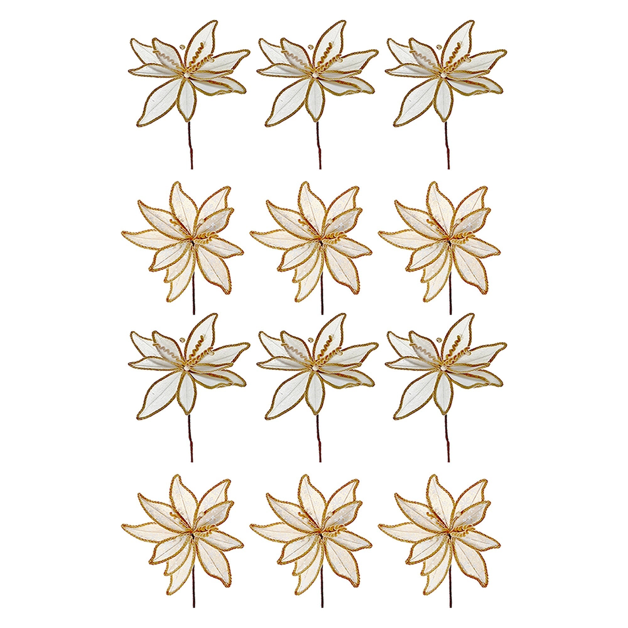 Assorted Twine Edged Burlap Poinsettia Decorative Pick - Set of 12, Christmas Holiday Decor, Festive Floral Arrangement