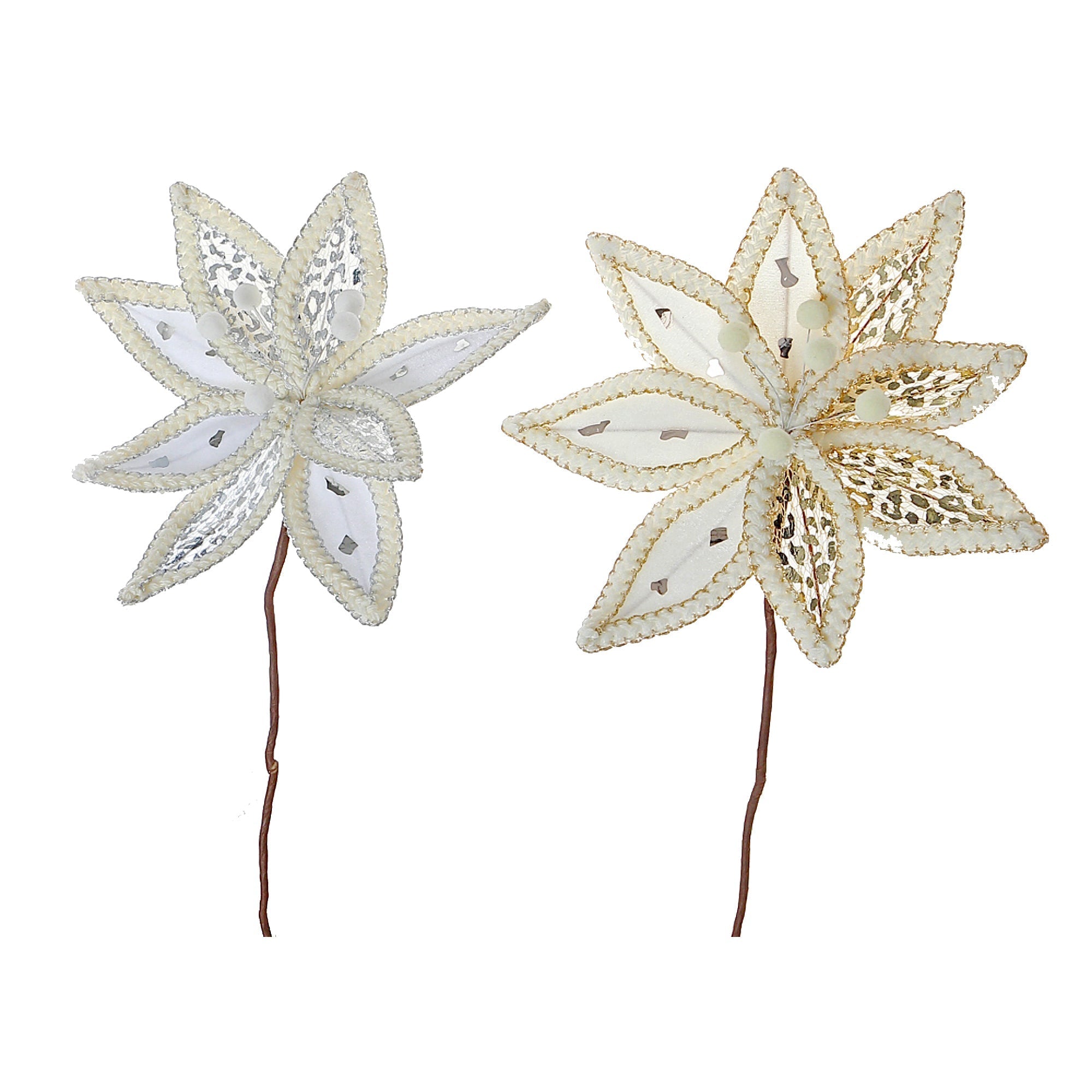 Assorted Braided Edge Poinsettia Decorative Pick - Set of 12, Christmas Floral Decoration, Holiday Centerpiece, Festive Arrangement