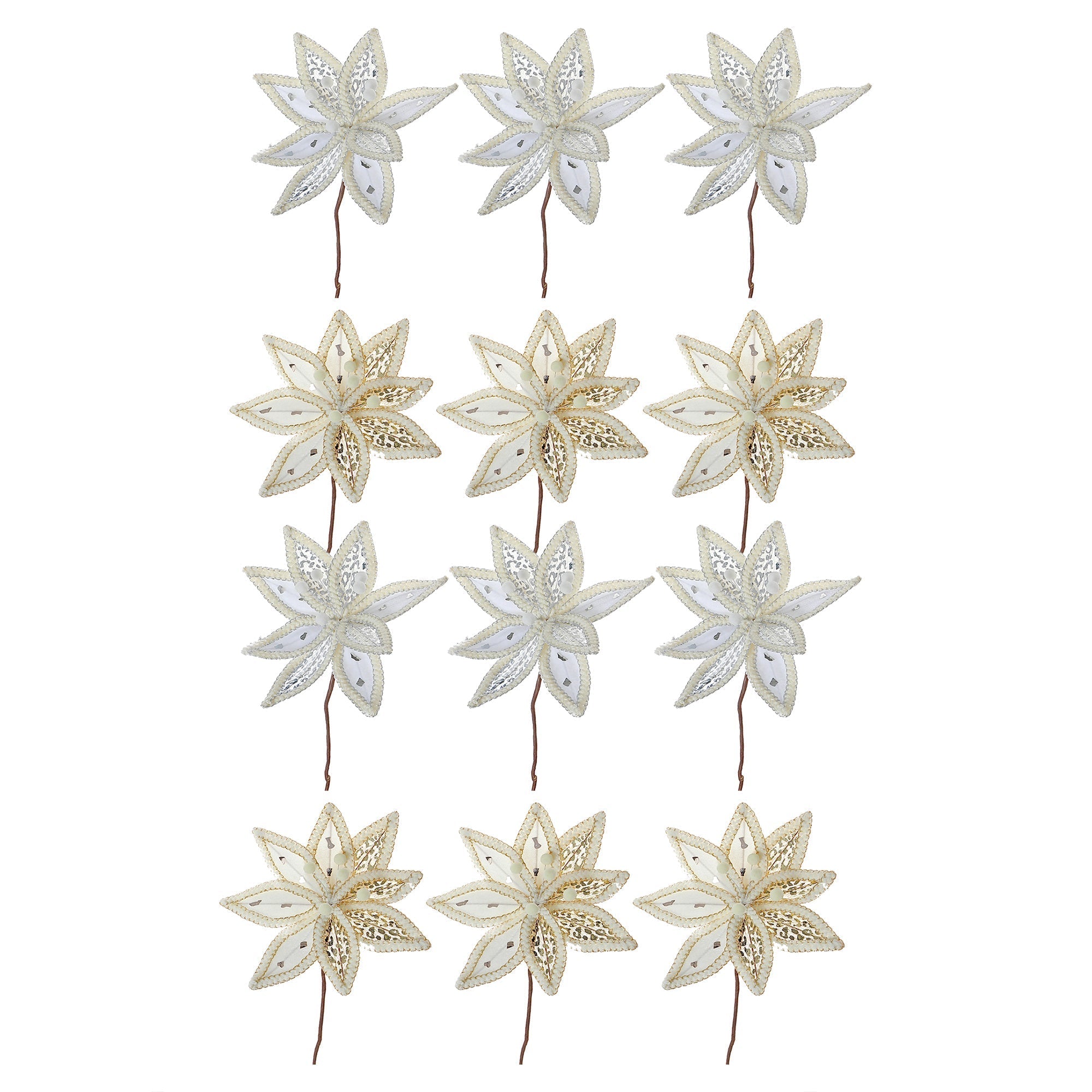 Assorted Braided Edge Poinsettia Decorative Pick - Set of 12, Christmas Floral Decoration, Holiday Centerpiece, Festive Arrangement