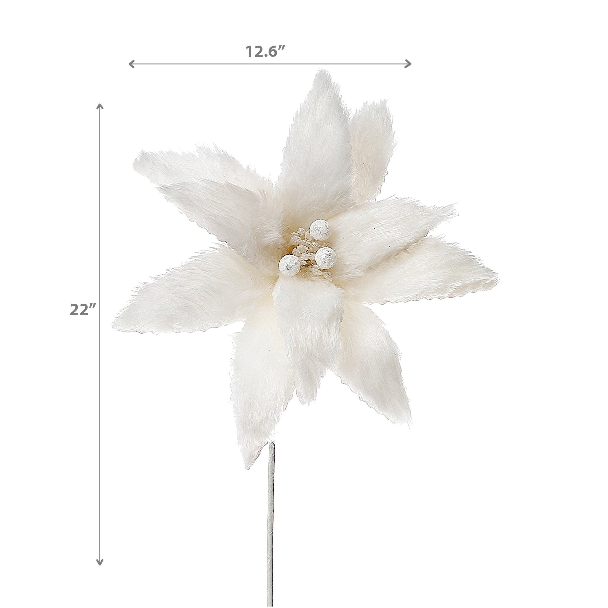 Christmas Furry White Poinsettia Long Stem Pick - Set of 2