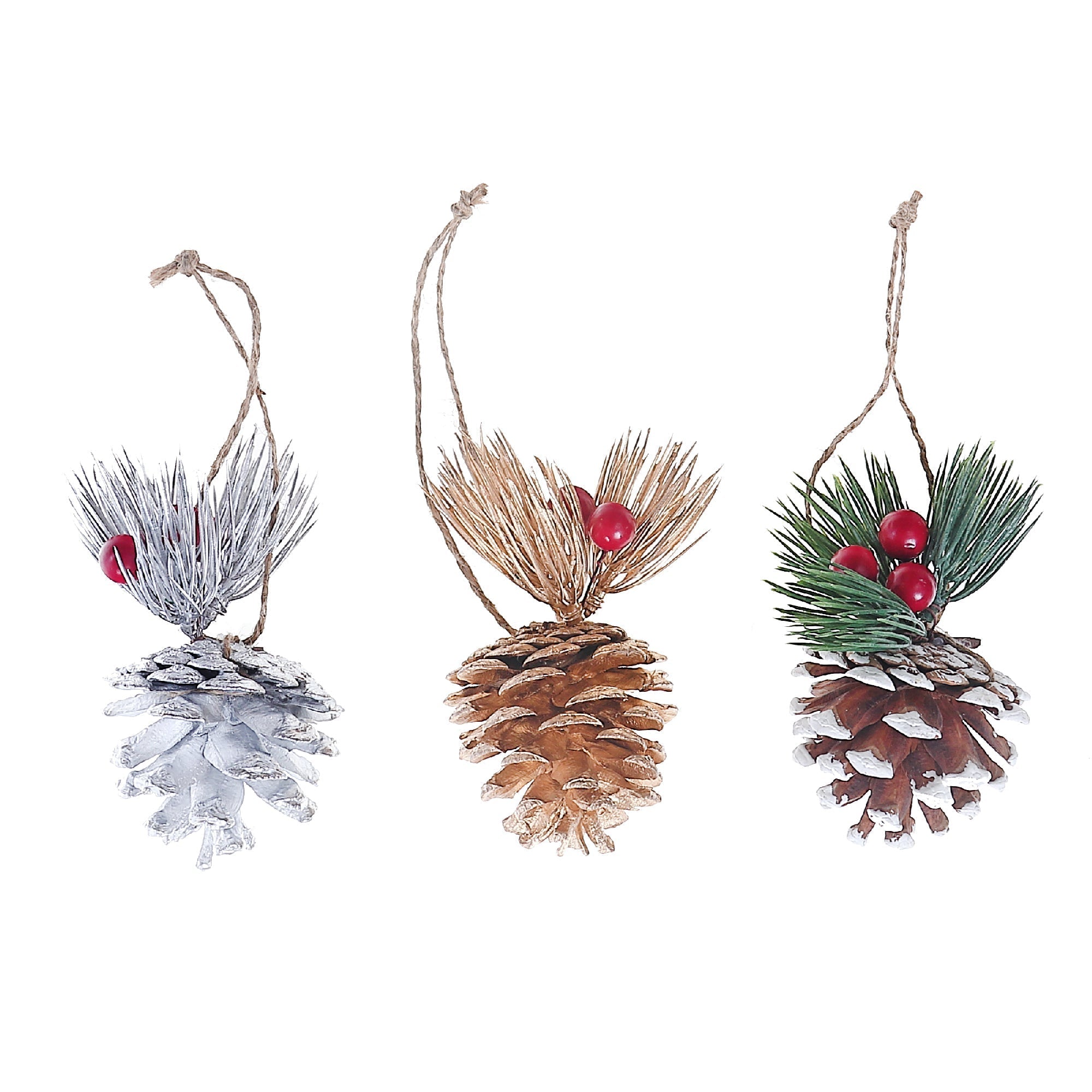 Christmas Pinecone With Berries Ornament Set Of 6, Holiday Tree Decor, Festive Home Accent