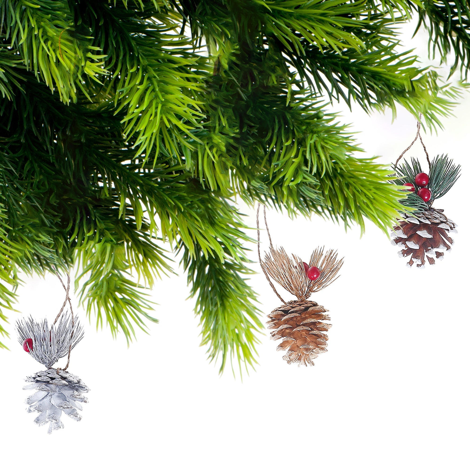 Christmas Pinecone With Berries Ornament Set Of 6, Holiday Tree Decor, Festive Home Accent