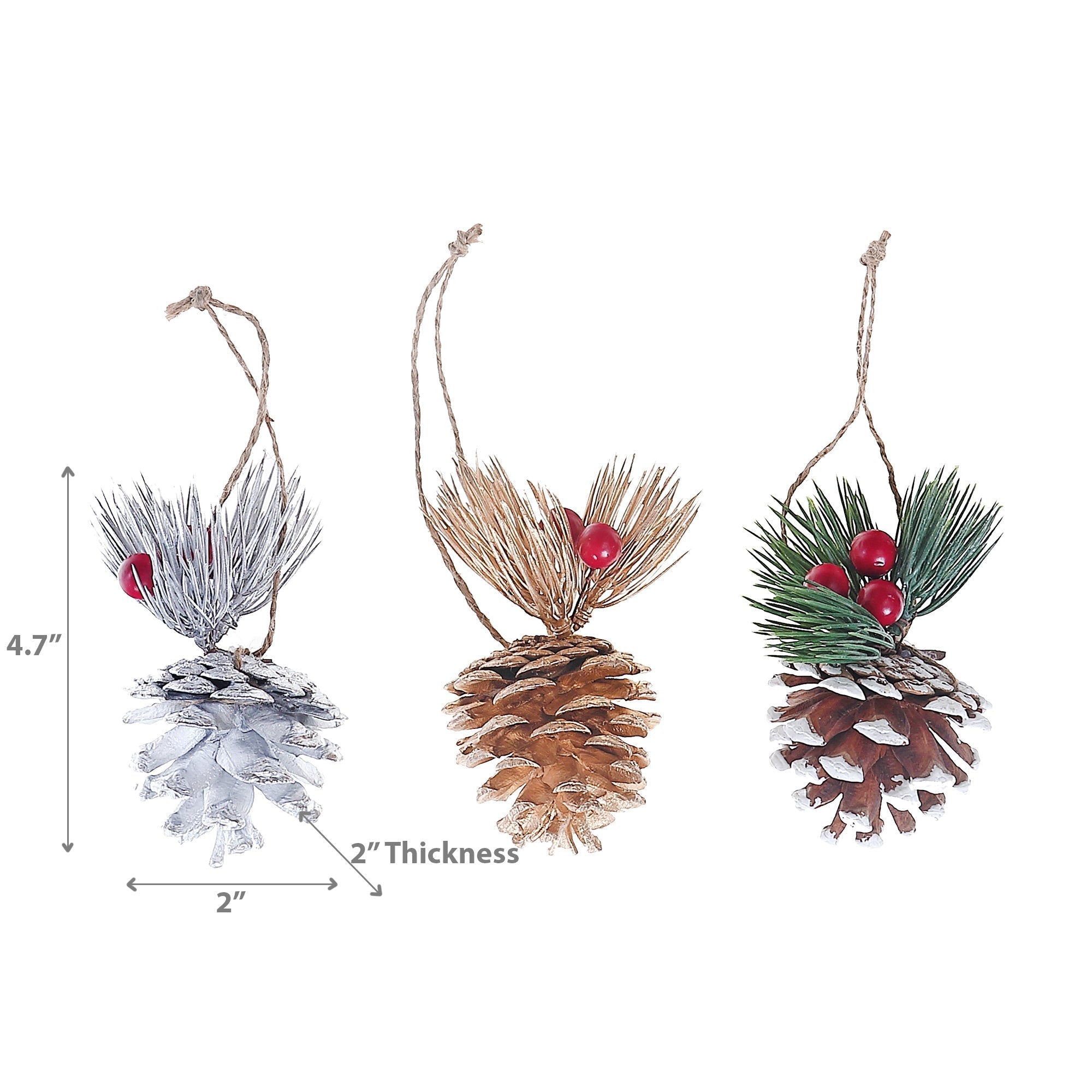 Christmas Pinecone With Berries Ornament - Set of 6