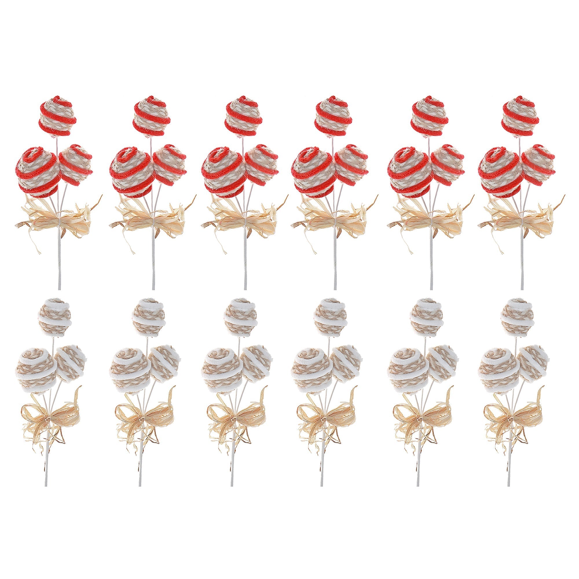 Assorted Striped Triple Ornament Decorative Pick - Set of 12, Christmas Holiday Decoration, Festive Floral Accent