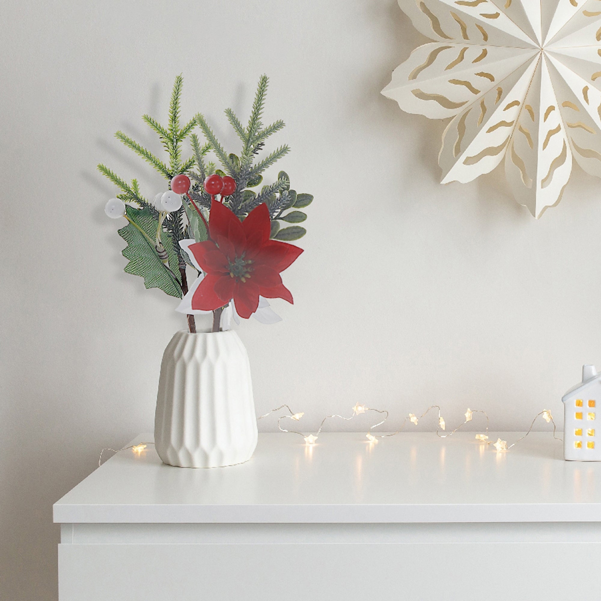 Assorted Poinsettia with Berries and Pine Decorative Pick - Set of 12, Christmas Floral Decoration, Holiday Centerpiece, Festive Arrangement