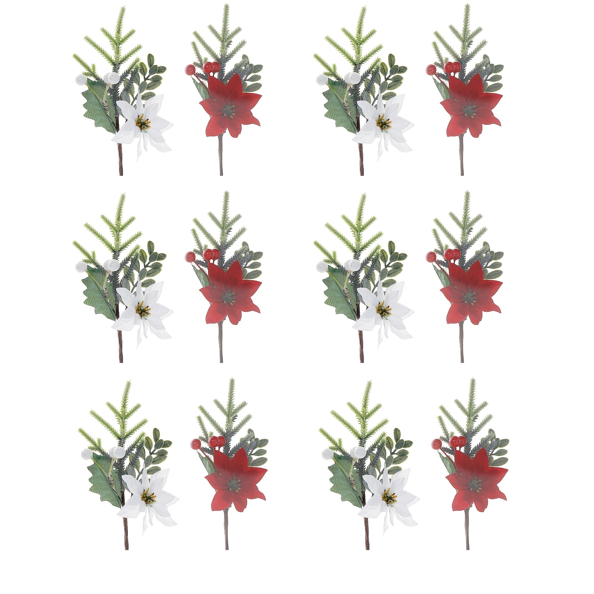 Assorted Poinsettia with Berries and Pine Decorative Pick - Set of 12, Christmas Floral Decoration, Holiday Centerpiece, Festive Arrangement