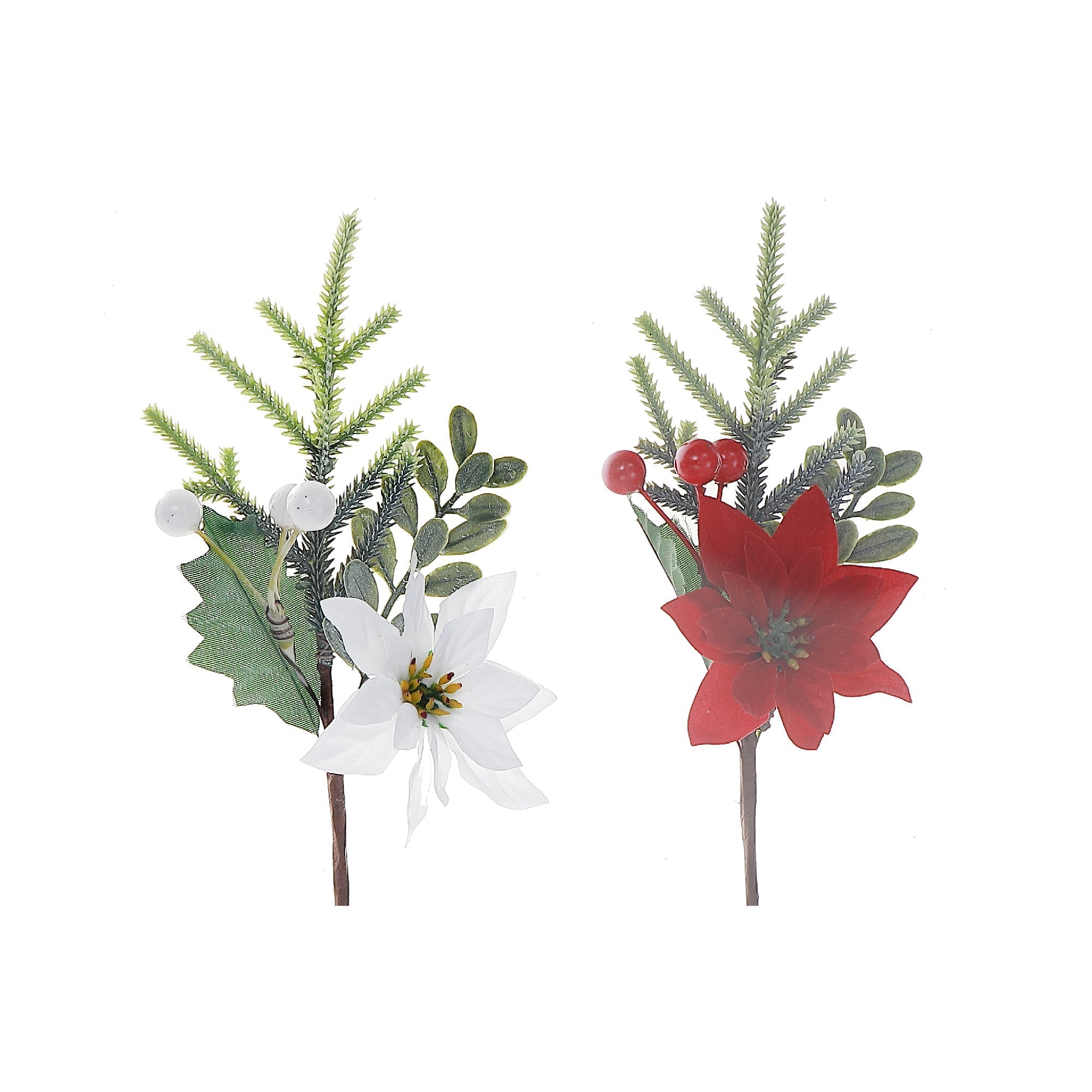 Assorted Poinsettia with Berries and Pine Decorative Pick - Set of 12, Christmas Floral Decoration, Holiday Centerpiece, Festive Arrangement
