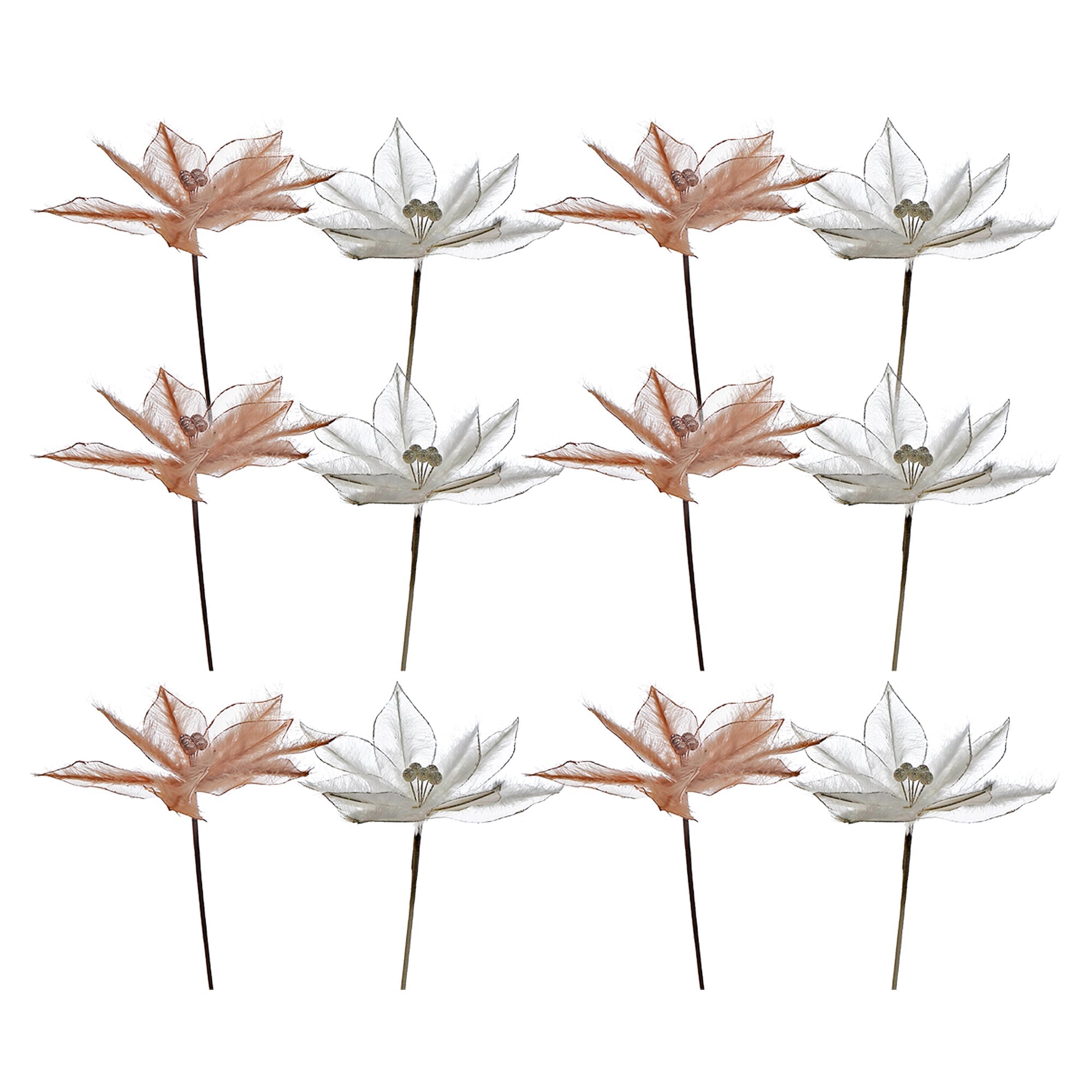 Assorted Poinsettia Feather Decorative Pick - Set of 12, Holiday Floral Accent, Christmas Arrangement, Festive Decor
