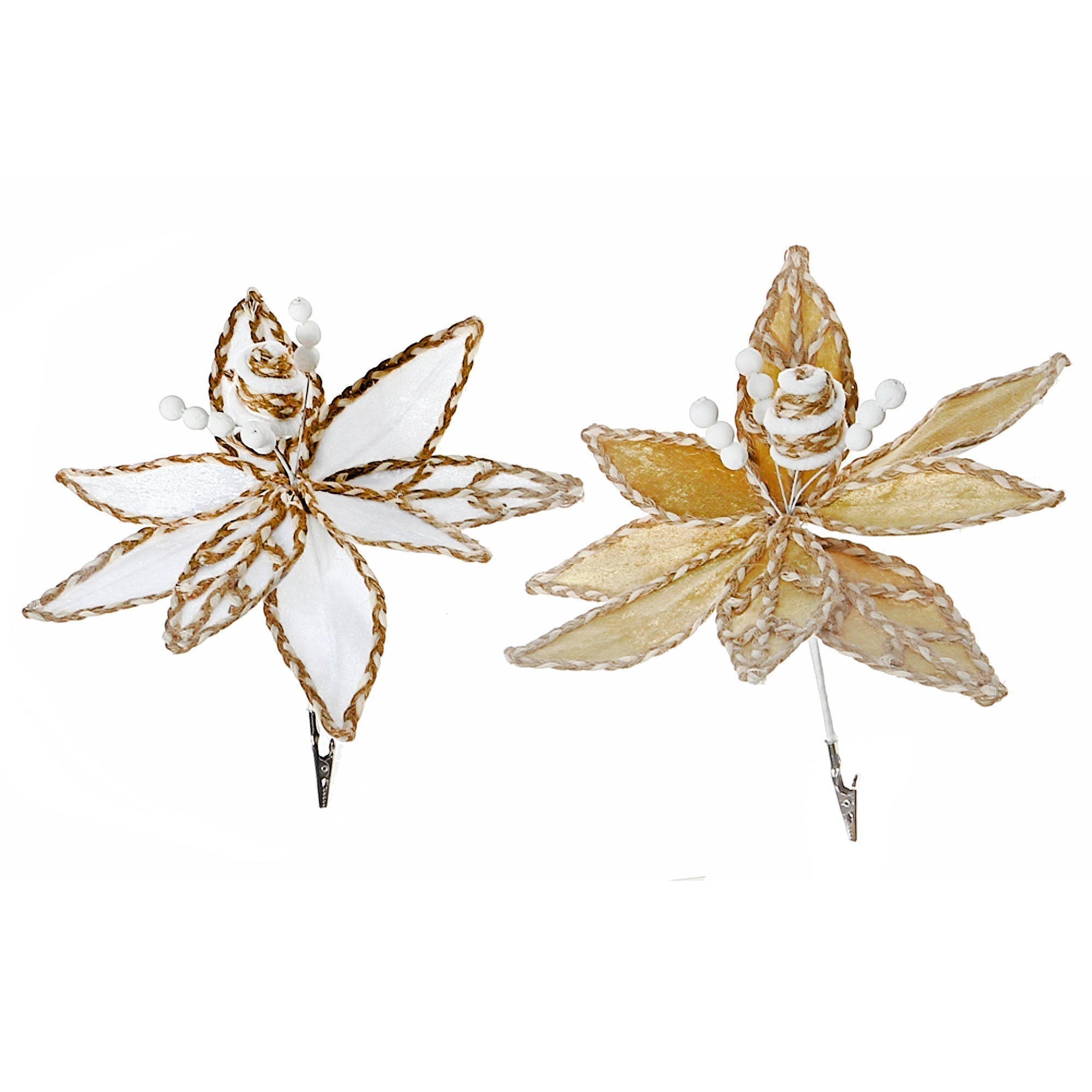Assorted Braided Edge Poinsettia Decorative Pick - Set of 6, Holiday Floral Decoration, Christmas Centerpiece Accent, Festive Home Accent