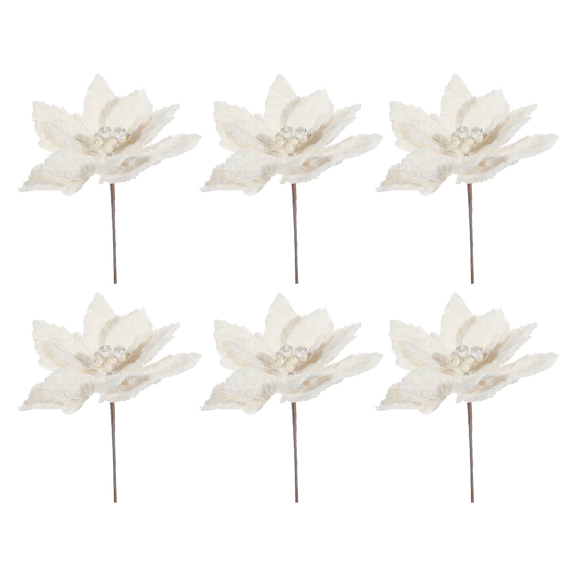 Ivory Furry Poinsettia Decorative Pick - Set of 6, Christmas Floral Decor, Holiday Centerpiece Accent, Festive Arrangement