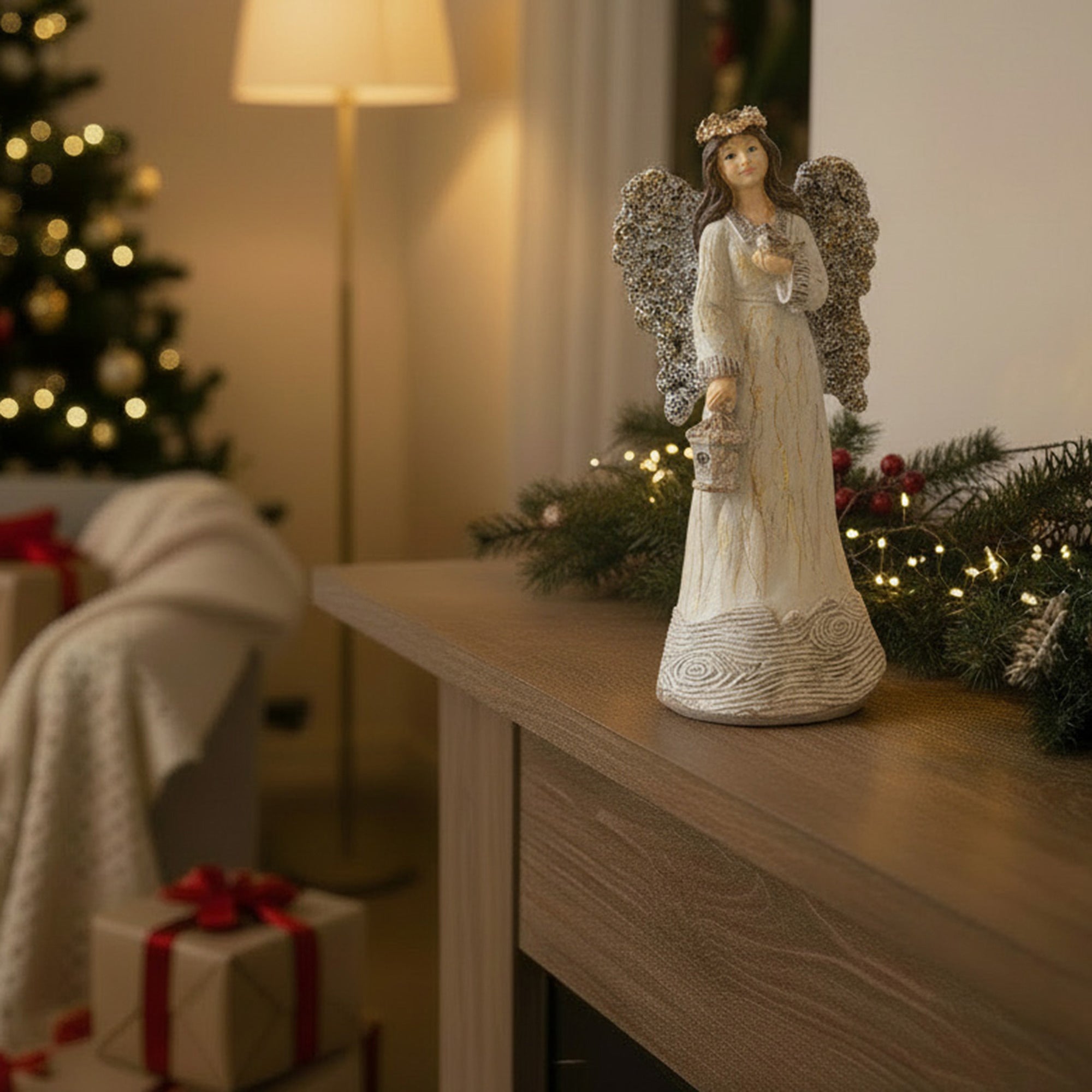 Angel Statue with Lantern, Lantern, Holiday Decor