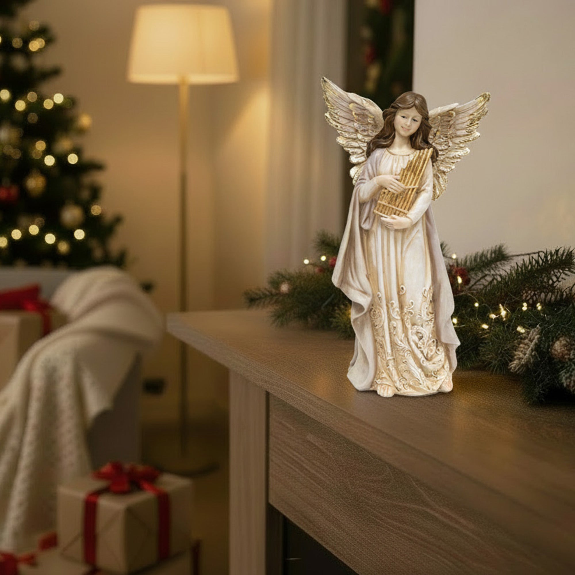 Angel Statue with Harp, Holiday Decor