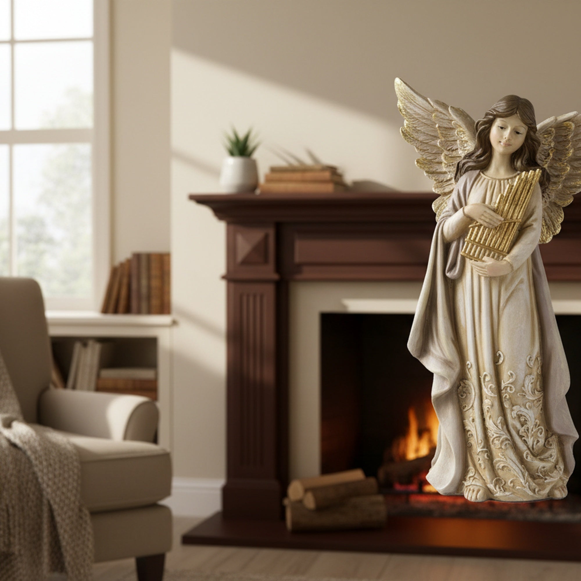 Angel Statue with Harp, Holiday Decor