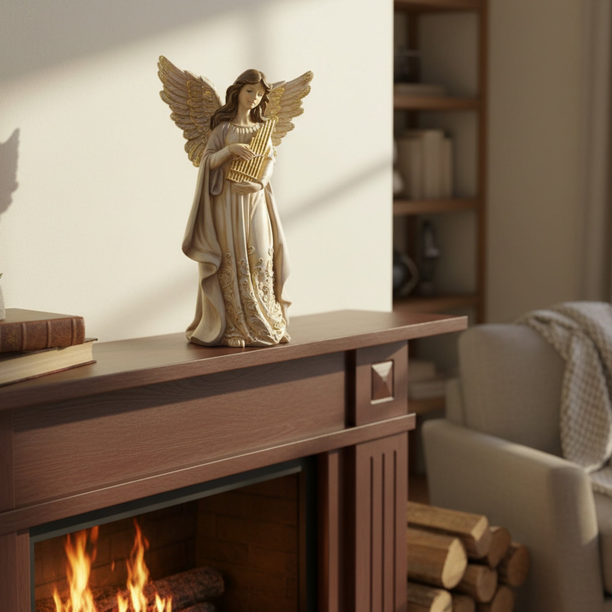 Angel Statue with Harp, Holiday Decor