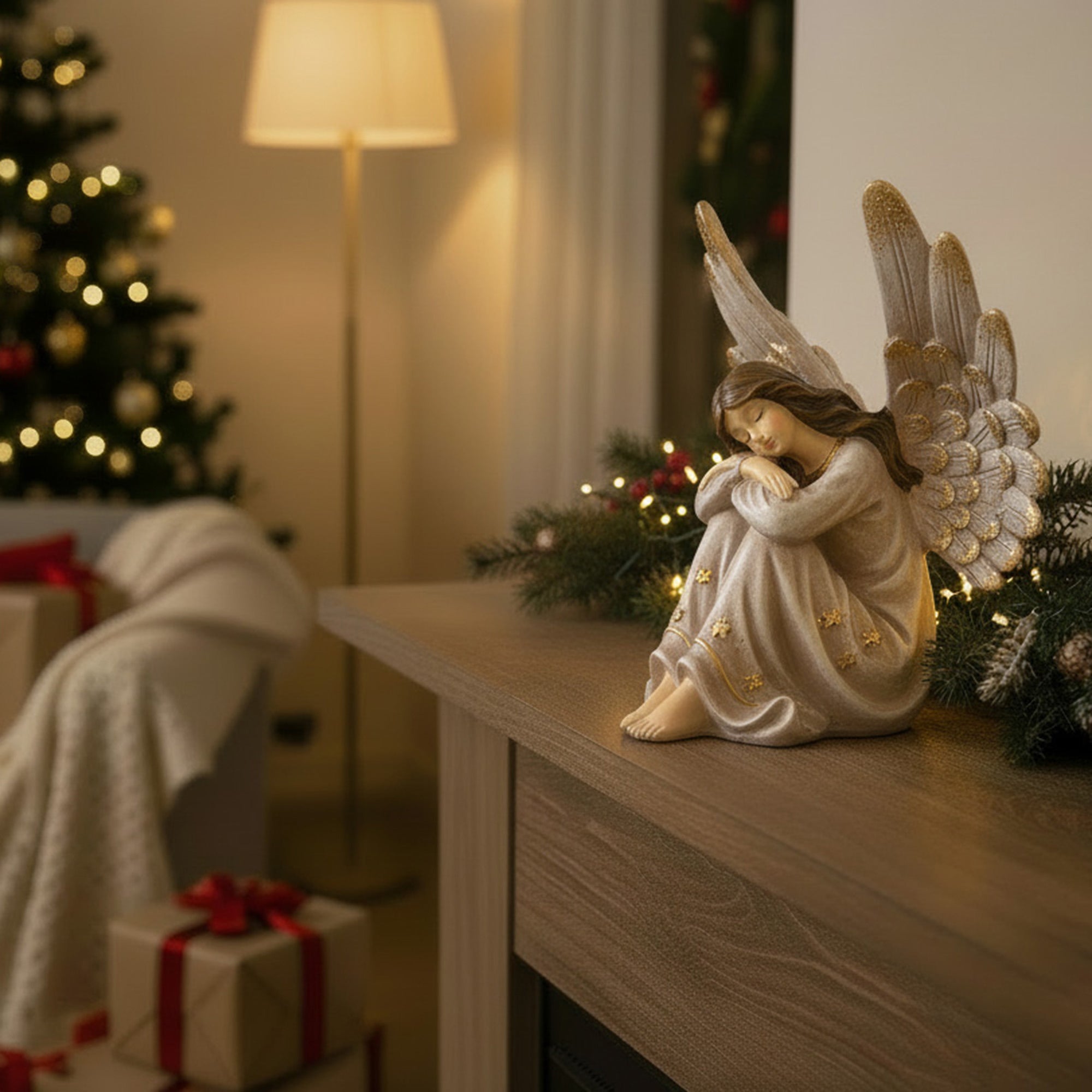 Angel Statue Hugging Knee, Holiday Decor