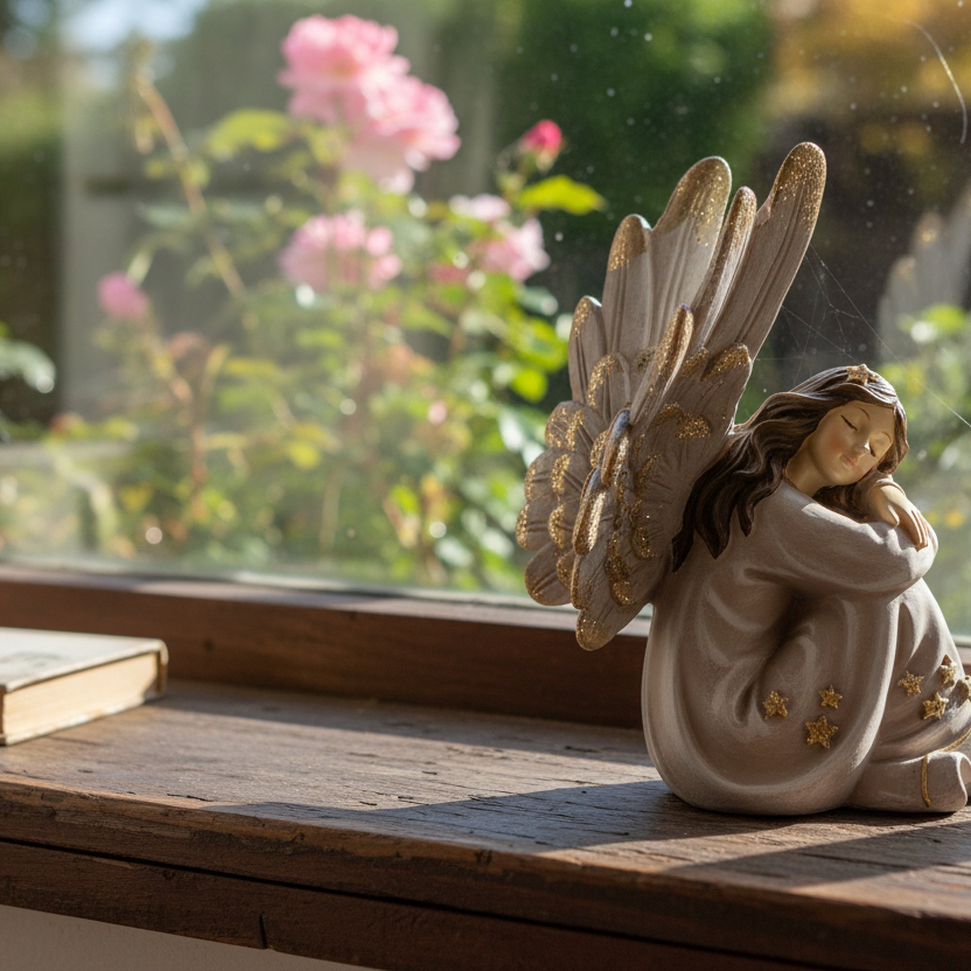 Angel Statue Hugging Knee, Holiday Decor