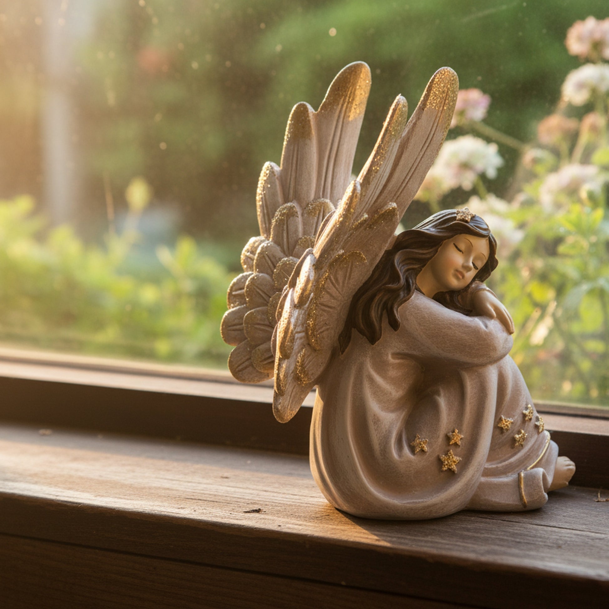 Angel Statue Hugging Knee, Holiday Decor