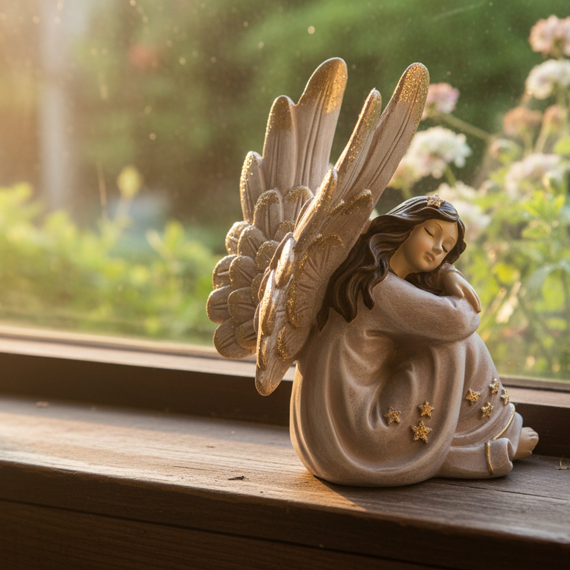 Angel Statue Hugging Knee, Holiday Decor