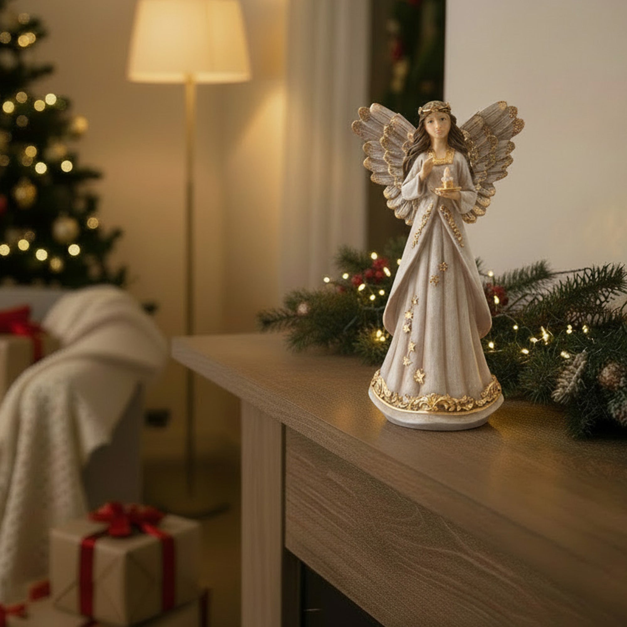 Angel Statue with Candle, Holiday Decor