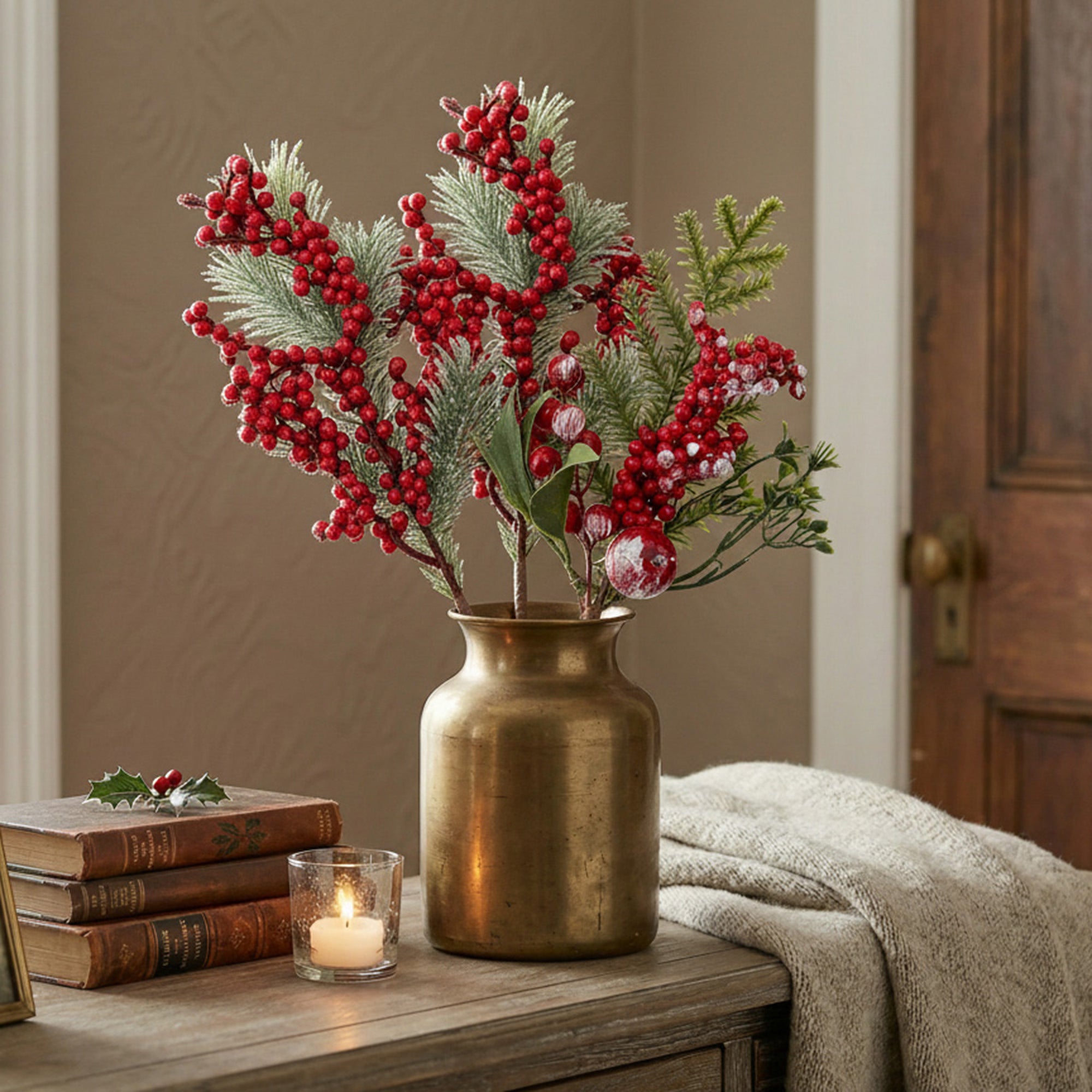 Red Berries and Pine Pick Assorted, Floral Pick, Holiday Decor- Set of 6