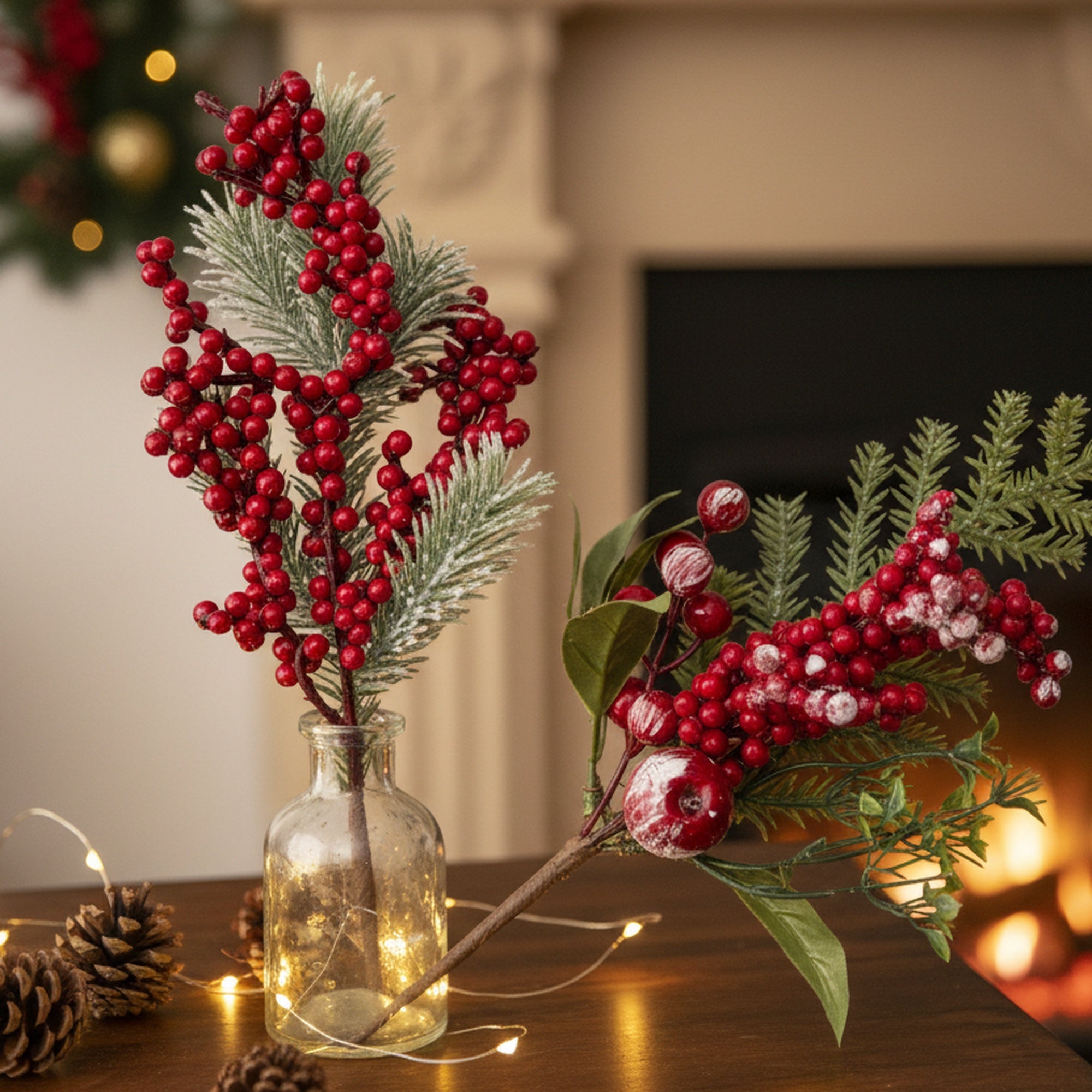 Red Berries and Pine Pick Assorted, Floral Pick, Holiday Decor- Set of 6