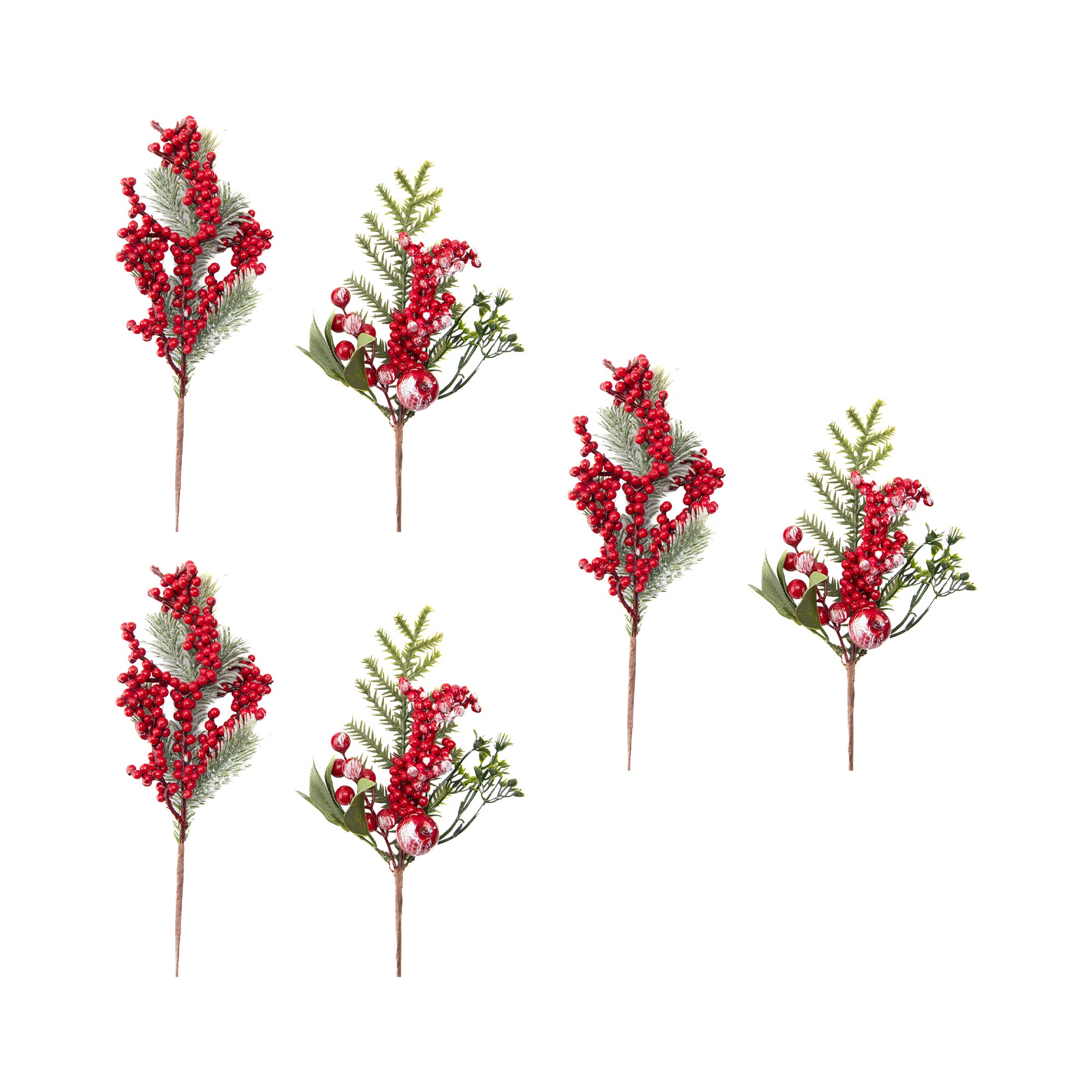 Red Berries and Pine Pick Assorted, Floral Pick, Holiday Decor- Set of 6