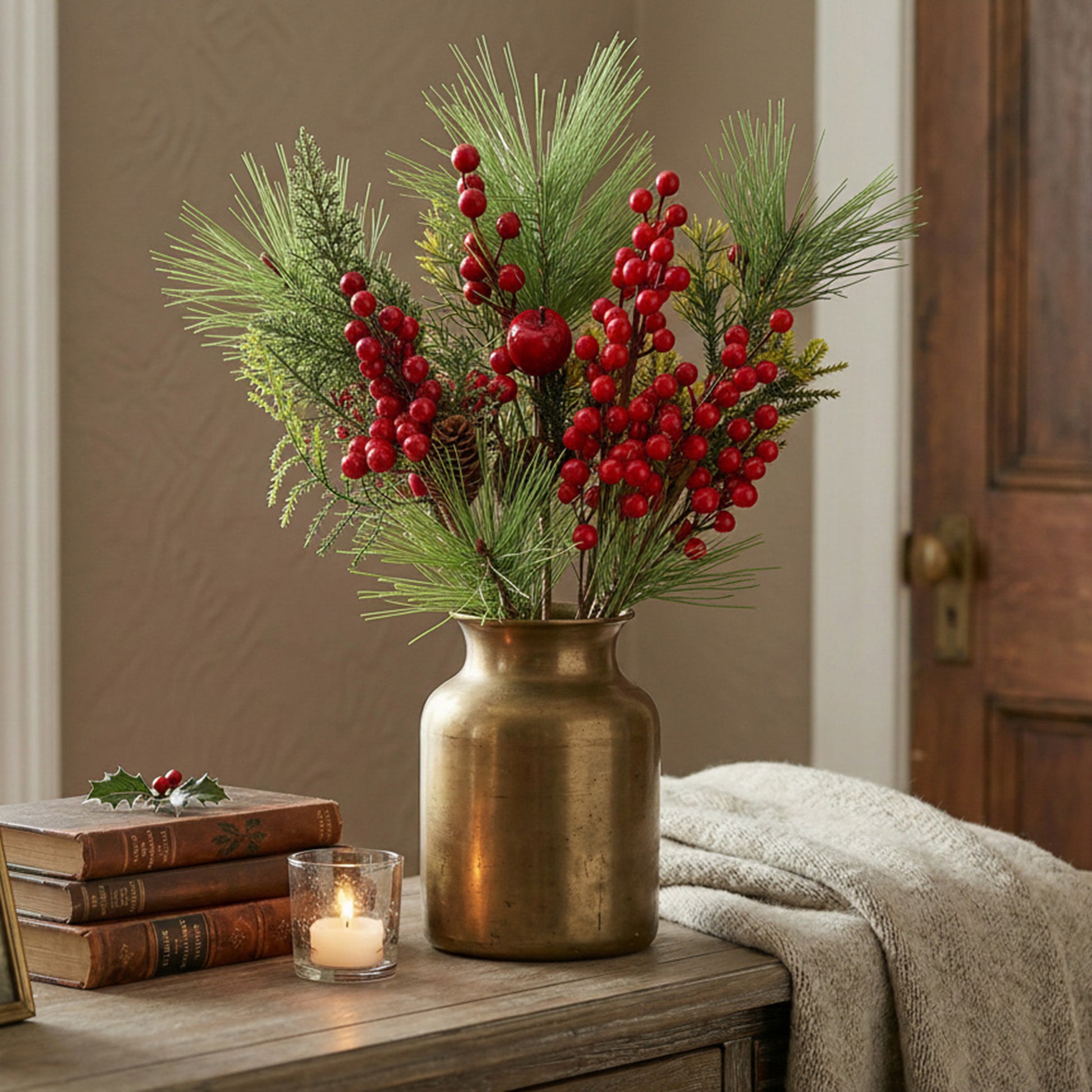 Red Berries and Pinecone Pick Assorted, Christmas, Floral Pick, Holiday Decor- Set of 6