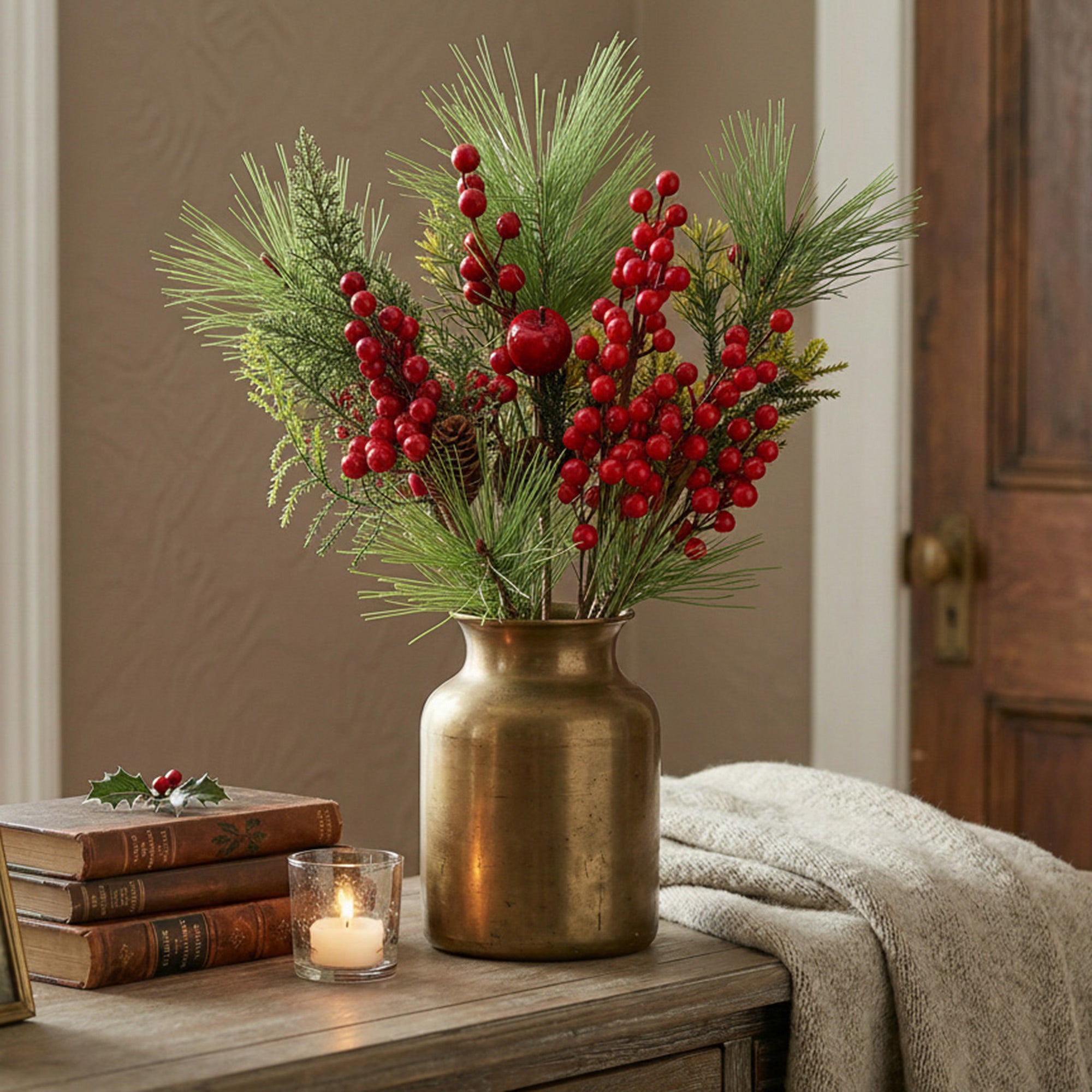 Red Berries and Pinecone Pick Assorted, Christmas, Floral Pick, Holiday Decor- Set of 6