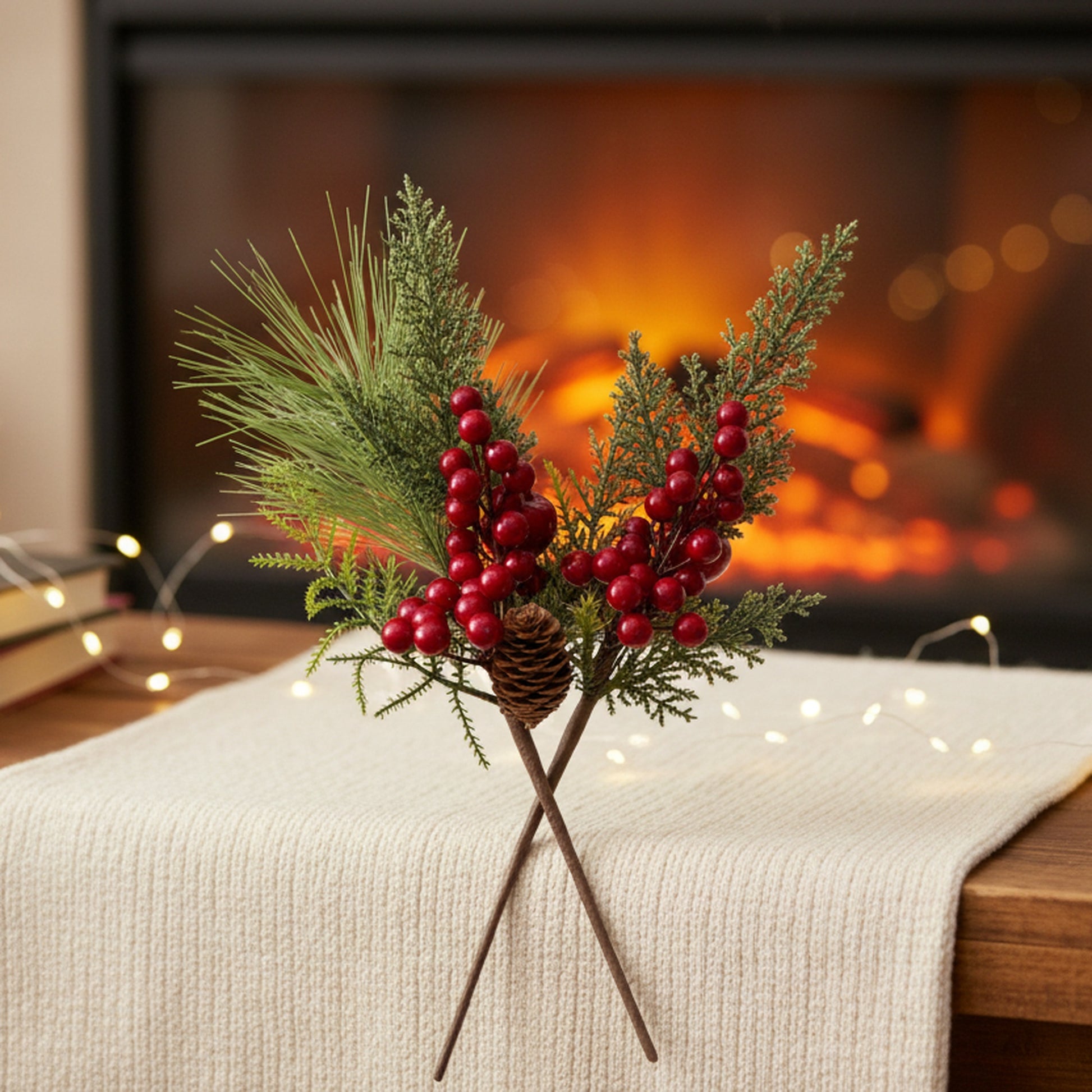 Red Berries and Pinecone Pick Assorted, Christmas, Floral Pick, Holiday Decor- Set of 6