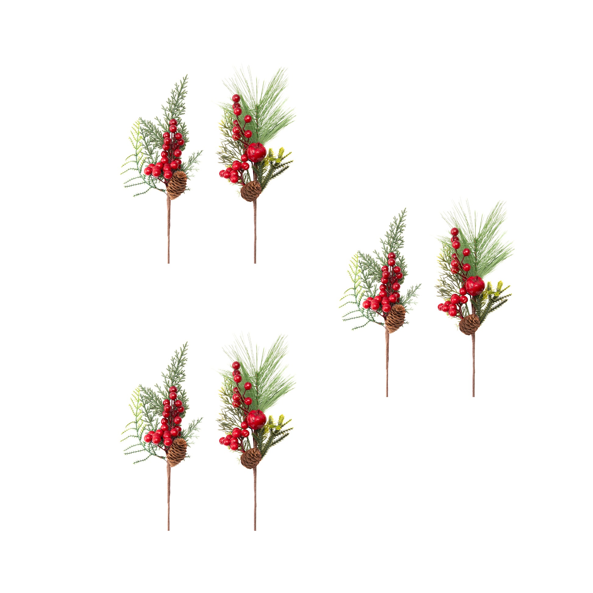 Red Berries and Pinecone Pick Assorted, Christmas, Floral Pick, Holiday Decor- Set of 6