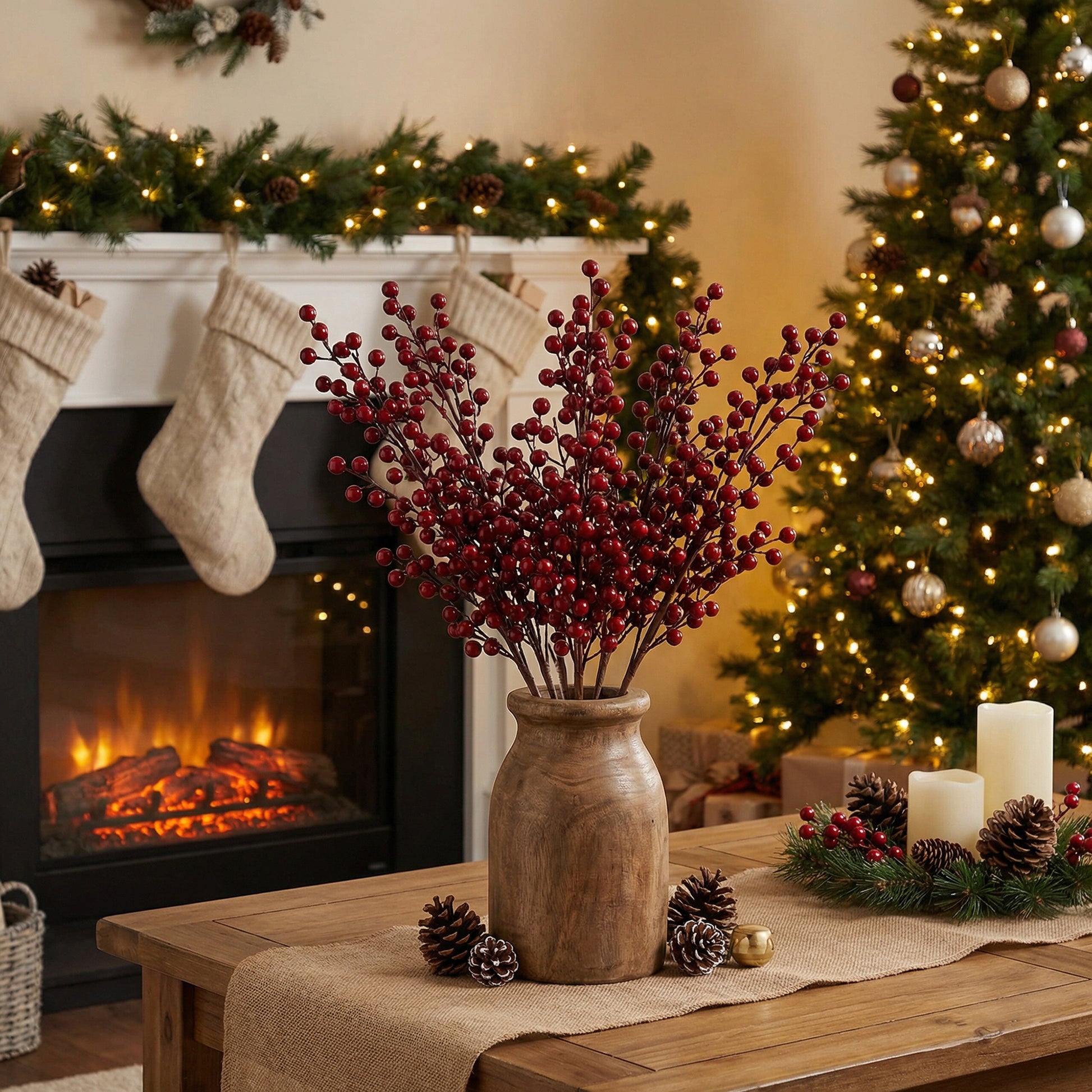 Burgundy Berries Spray, Floral Pick, Holiday Decor- Set of 6