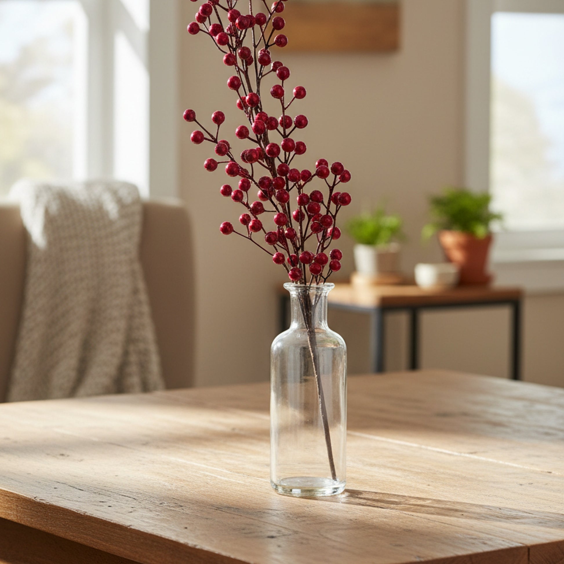 Burgundy Berries Spray, Floral Pick, Holiday Decor- Set of 6