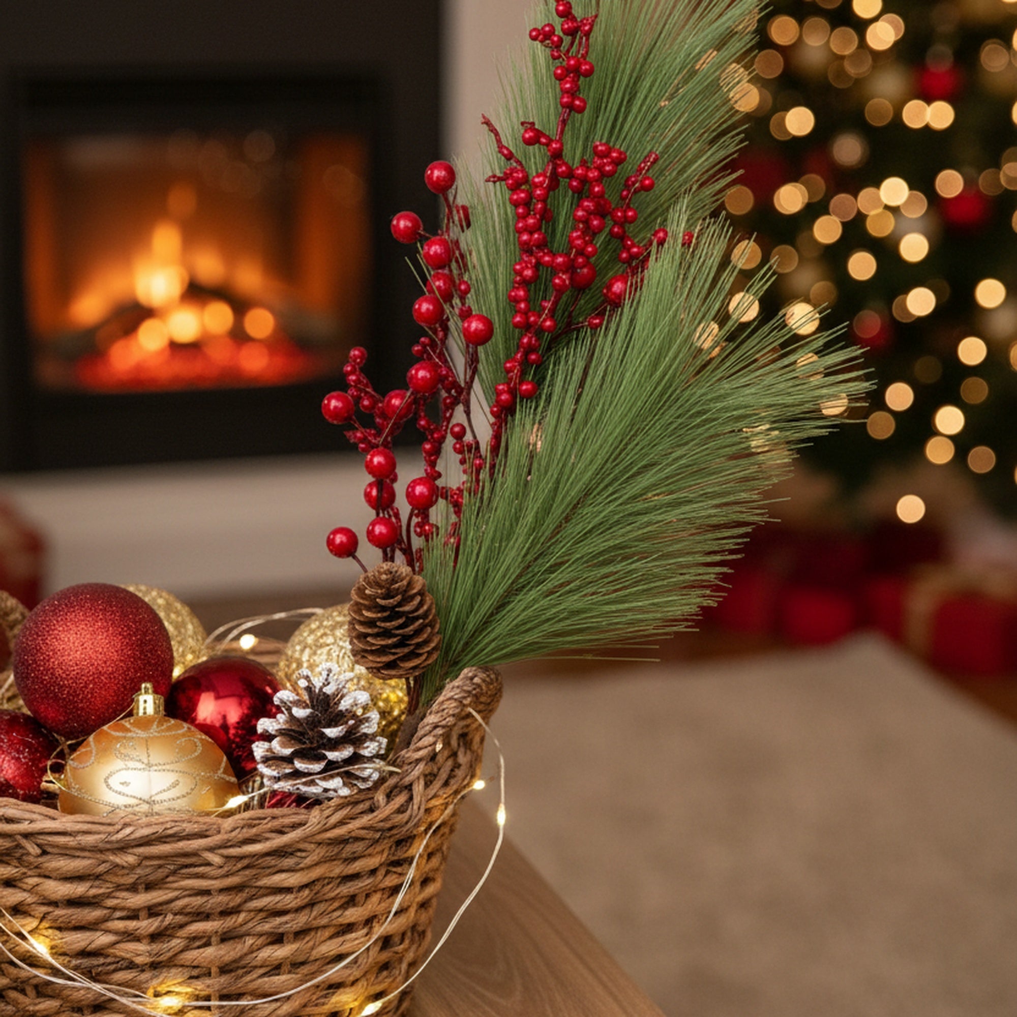 Red Berries and Pine Needle Spray, Floral Pick, Holiday Decor- Set of 6