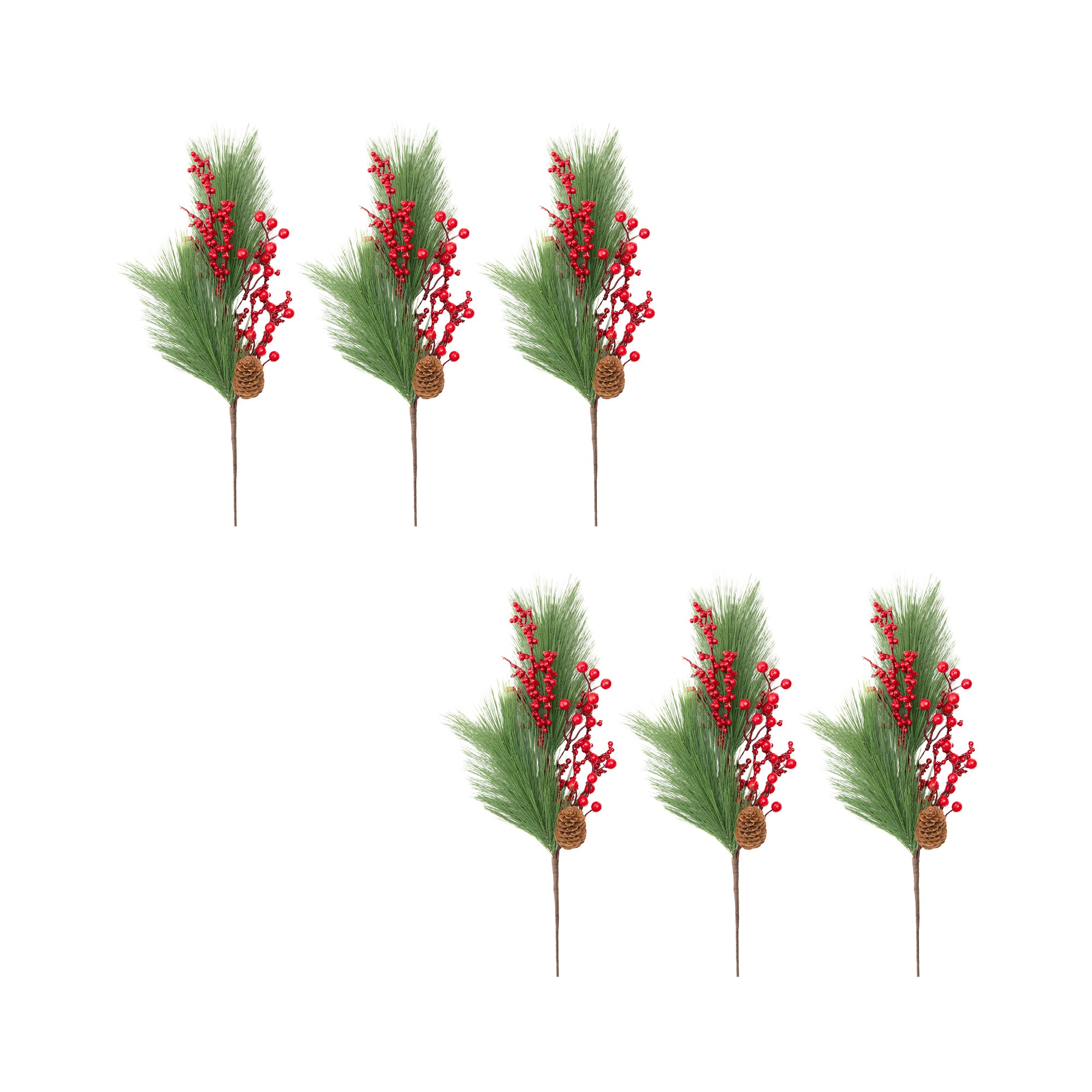 Red Berries and Pine Needle Spray, Floral Pick, Holiday Decor- Set of 6