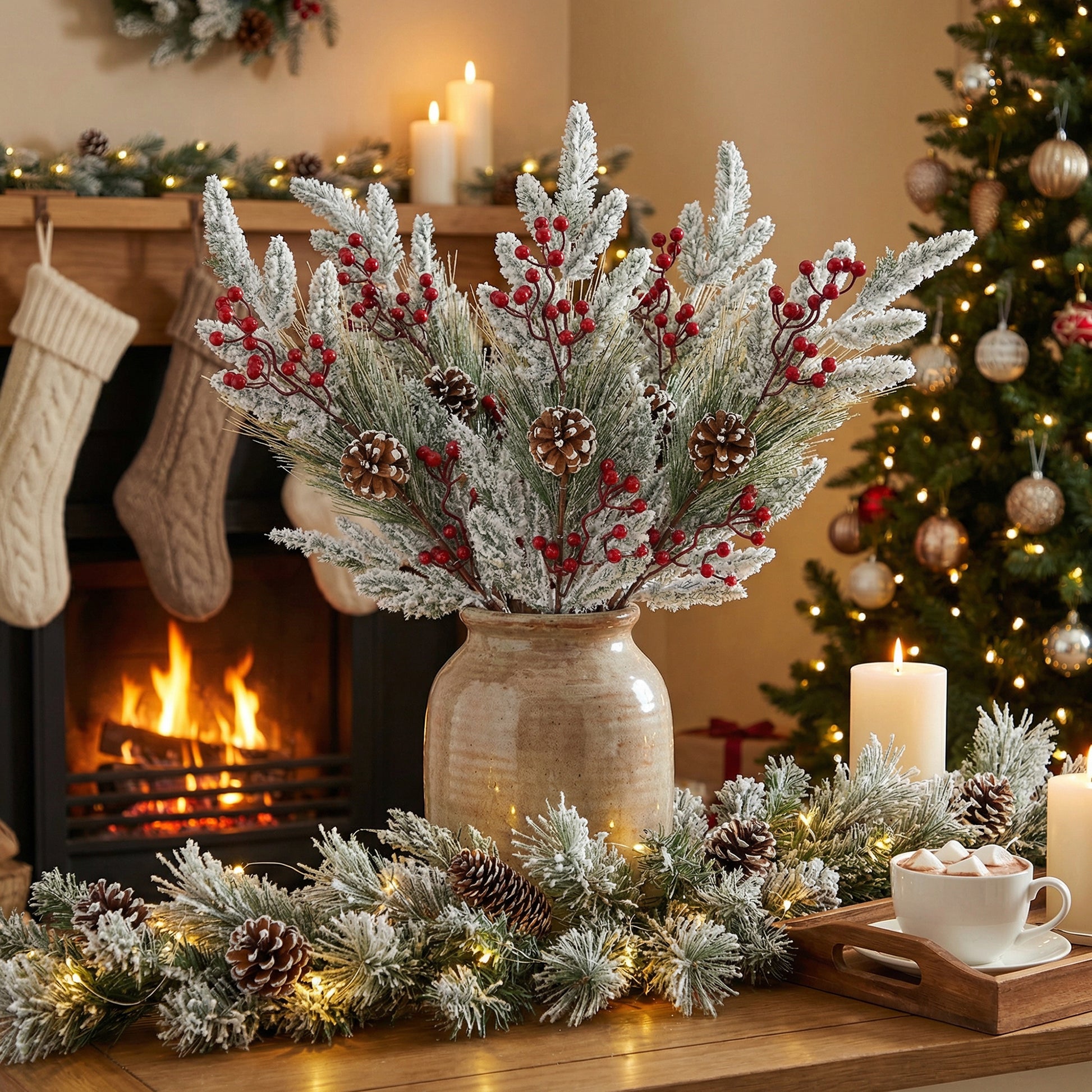 Flocked Berries and Cedar Spray, Floral Pick, Holiday Decor- Set of 6