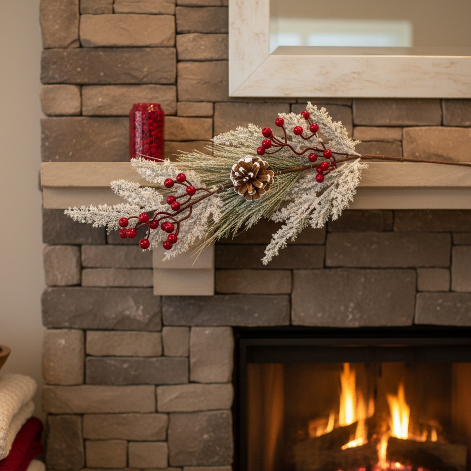 Flocked Berries and Cedar Spray, Floral Pick, Holiday Decor- Set of 6
