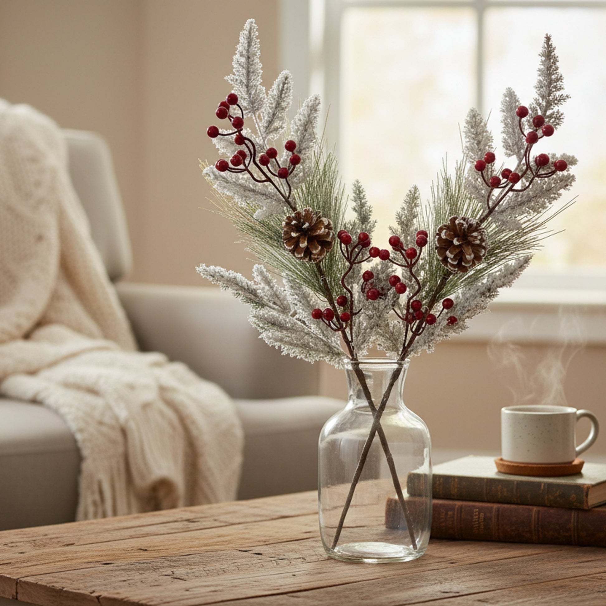 Flocked Berries and Cedar Spray, Floral Pick, Holiday Decor- Set of 6