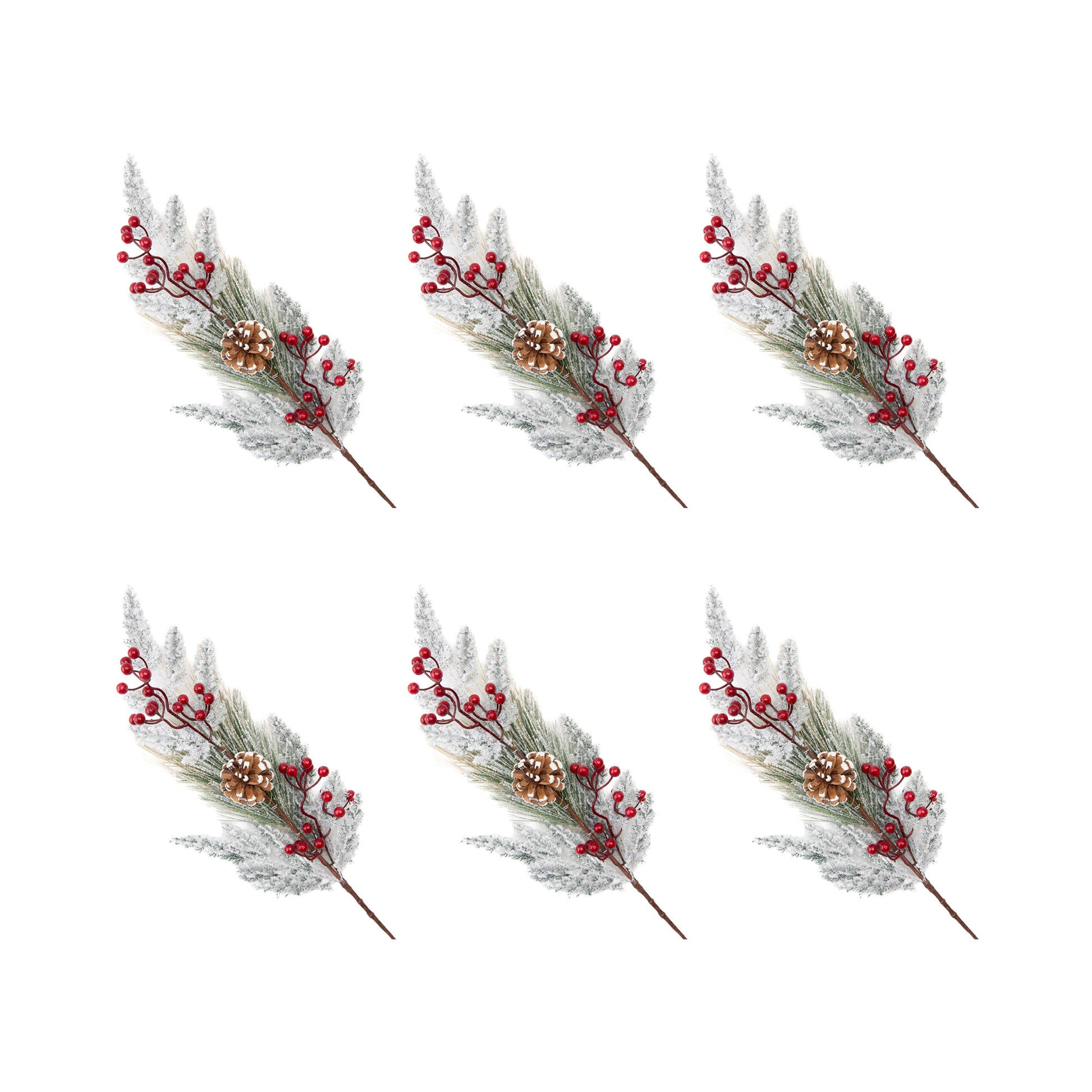 Flocked Berries and Cedar Spray, Floral Pick, Holiday Decor- Set of 6