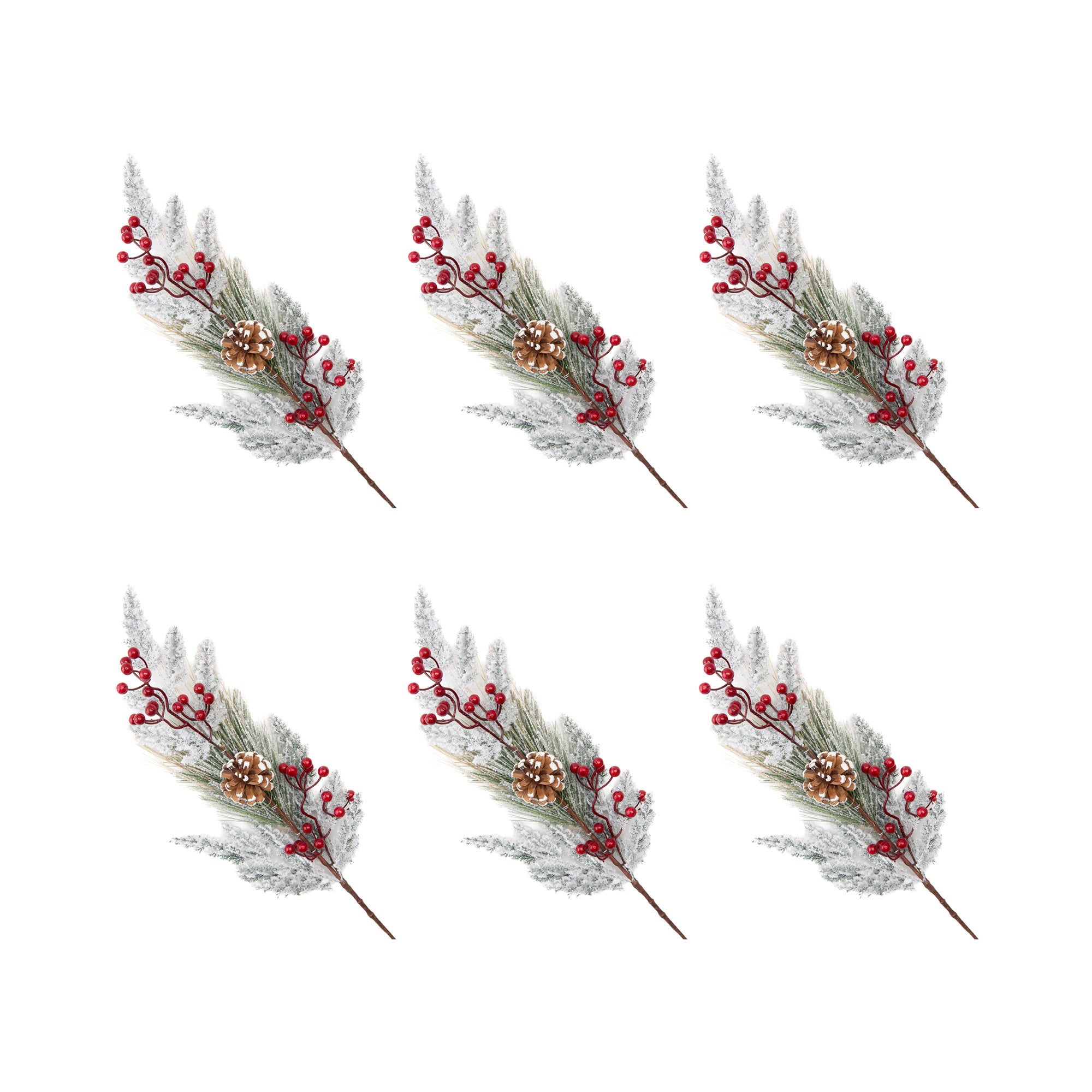 Flocked Berries and Cedar Spray, Floral Pick, Holiday Decor- Set of 6