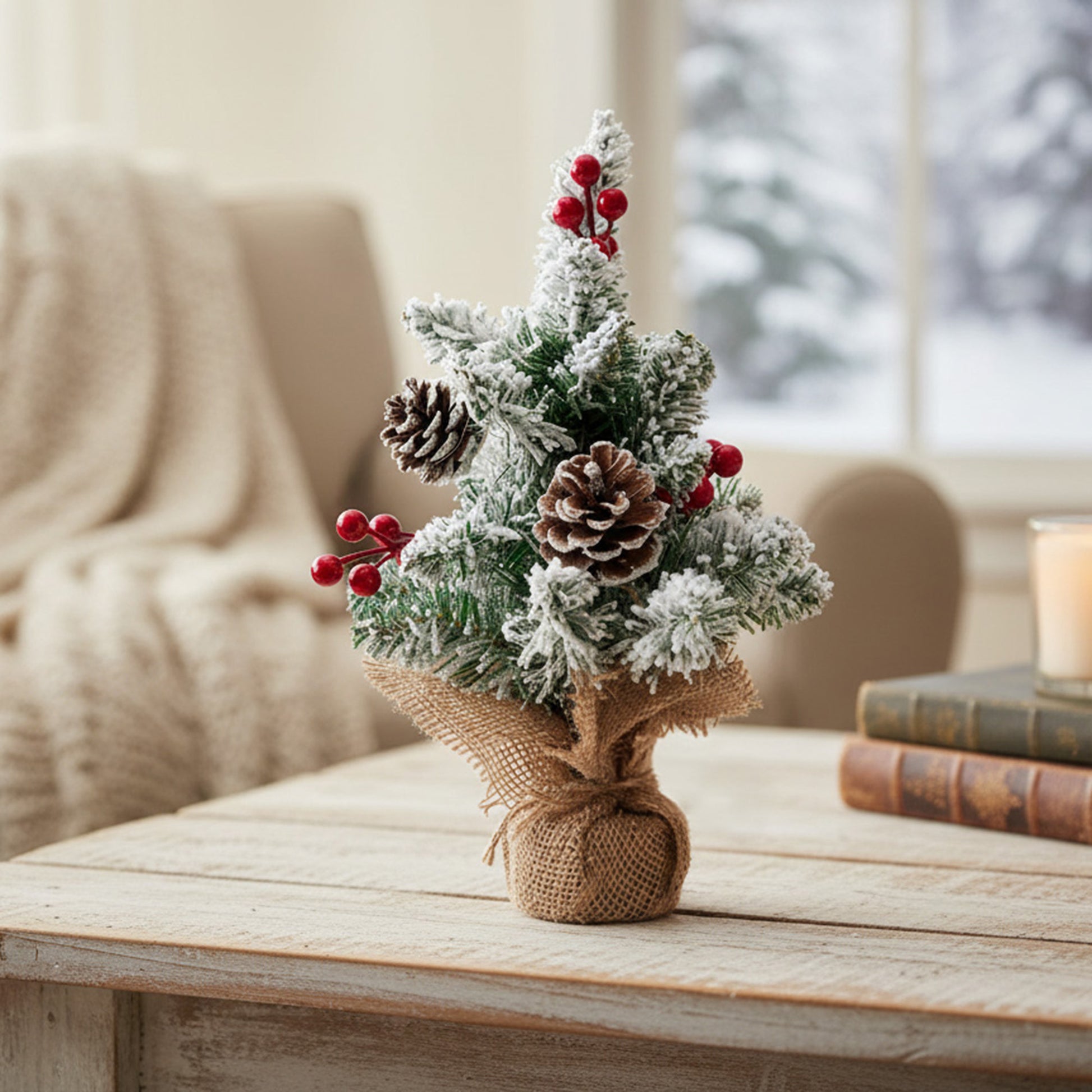 Snowy Berries and Pinecone Cedar Tree with Burlap Base 13", Christmas, Holiday Decor